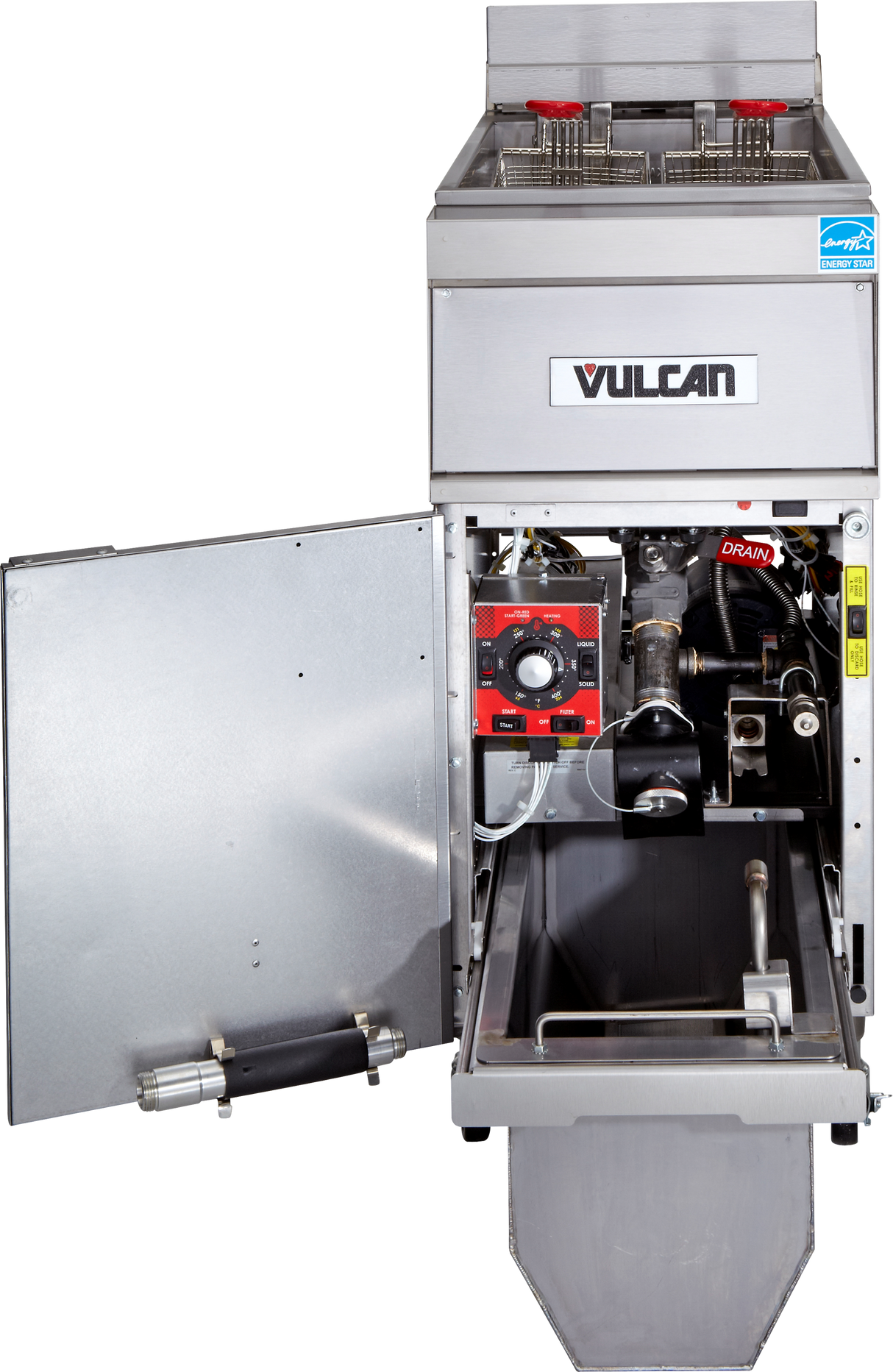 A Vulcan electric fryer with 50 lbs capacity features an open lower cabinet displaying internal parts, controls, wiring, pipes, and a waste oil container. The upper section holds a frying basket and heating elements; KleenScreen PLUS filtration is included.