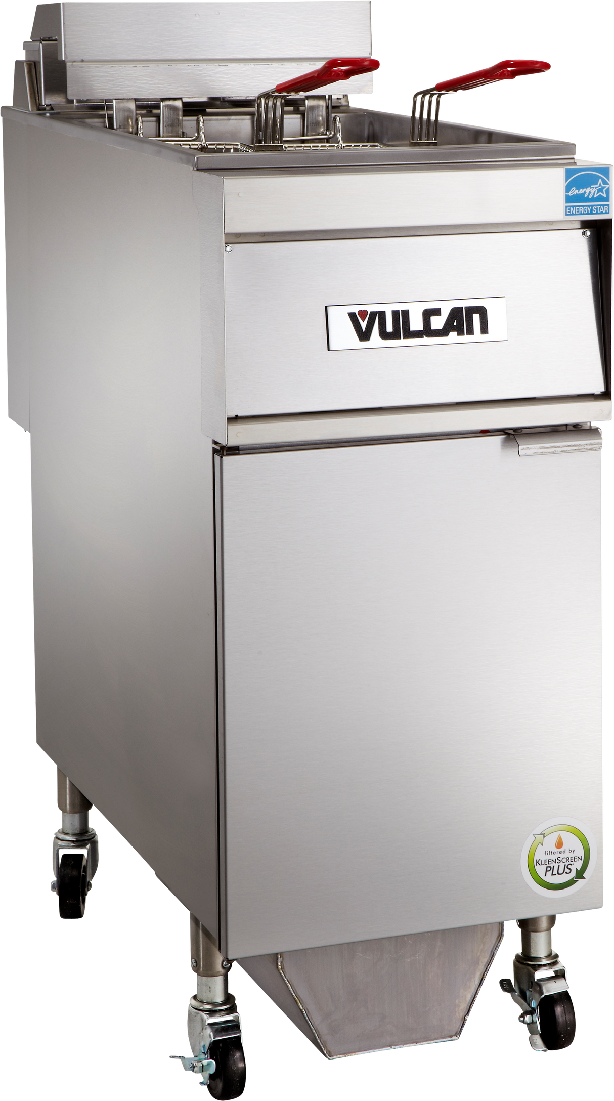 A commercial stainless steel electric fryer on wheels, branded “Vulcan,” with 50 lbs capacity, features two red-handled fry baskets resting on top. The fryer includes a lower cabinet door and a green energy efficiency sticker on the bottom right corner.