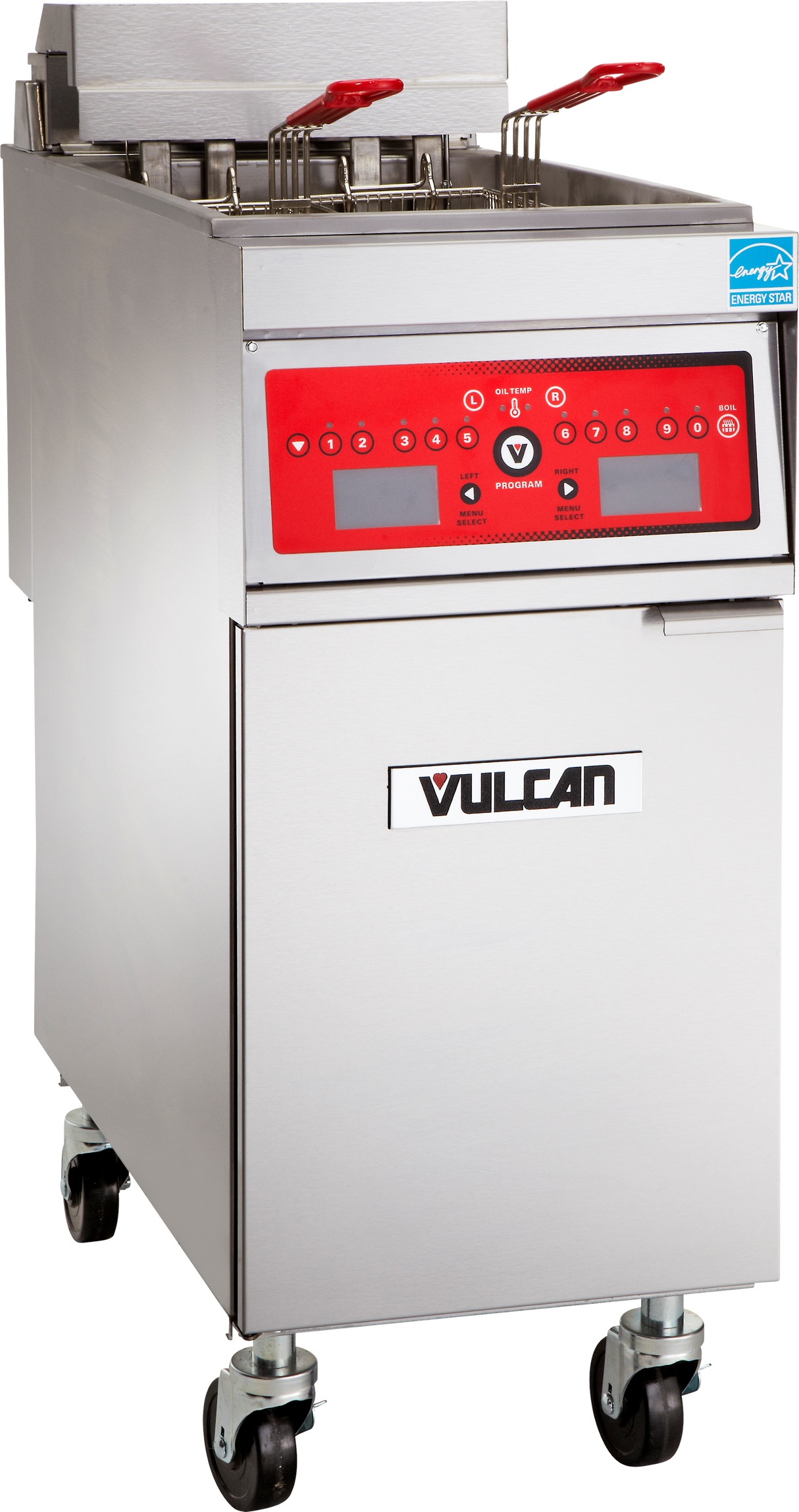 A commercial stainless steel programmable fryer on wheels features a red control panel with buttons and display, two fryer baskets with red handles, and a lower cabinet labeled “Vulcan.” The unit has a certification sticker on the top right.