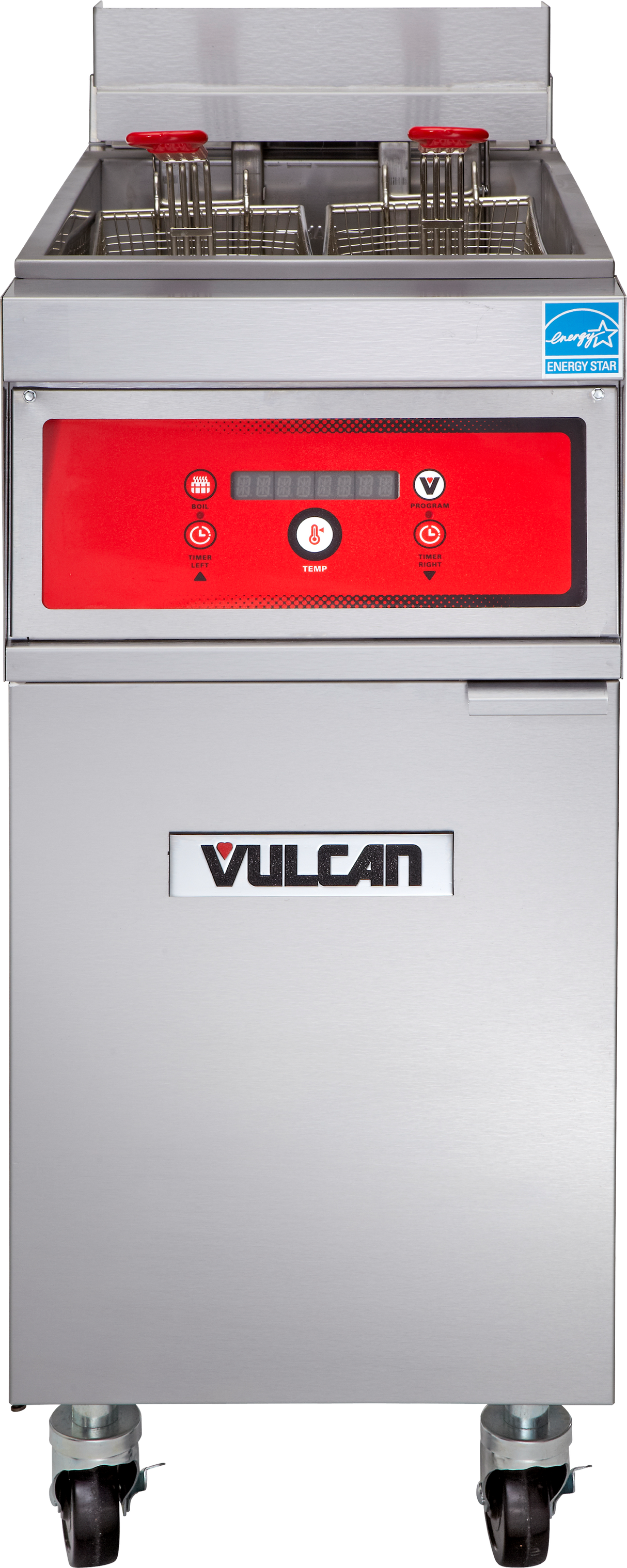 A commercial stainless steel electric fryer with two baskets, a red control panel featuring a digital display and buttons, the Vulcan brand logo on the door, four caster wheels, and an Energy Star label. The unit boasts a 50 lbs. capacity.