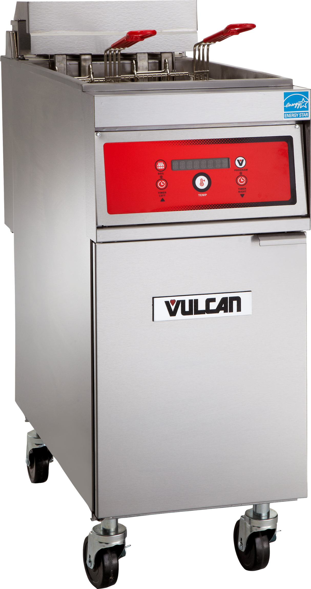 An ENERGY STAR commercial electric fryer with a 50 lbs. capacity, featuring a red control panel, two fryer baskets with red handles, and four caster wheels. The front displays the Vulcan logo and a certification sticker on the top right corner.