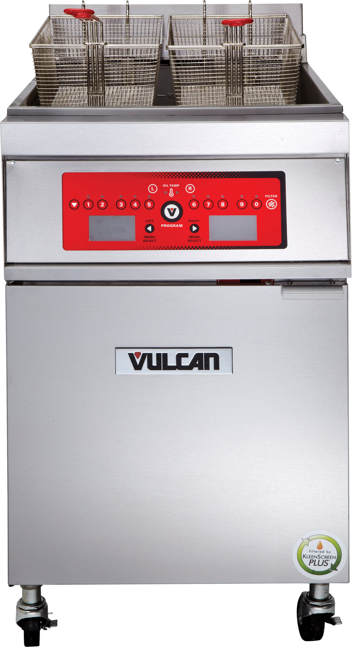 A commercial stainless steel electric fryer with four wire baskets, a red digital control panel with buttons and display screens, and “VULCAN” branding on the front. This ENERGY STAR fryer is on wheels and features a green certification sticker.