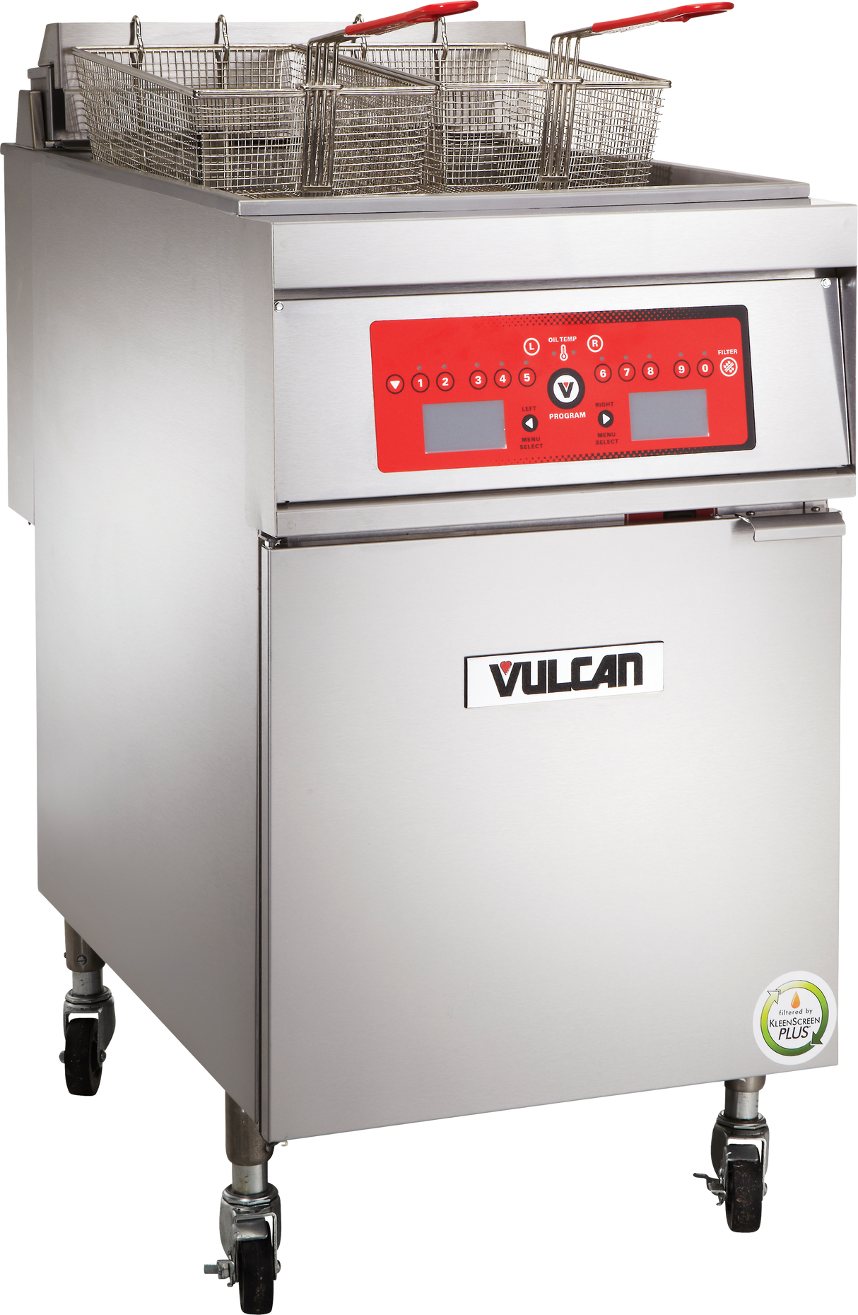 A stainless steel commercial electric fryer with two fryer baskets, a red digital control panel, and the Vulcan logo on the front. This programmable fryer has caster wheels for mobility and an ENERGY STAR certification sticker.