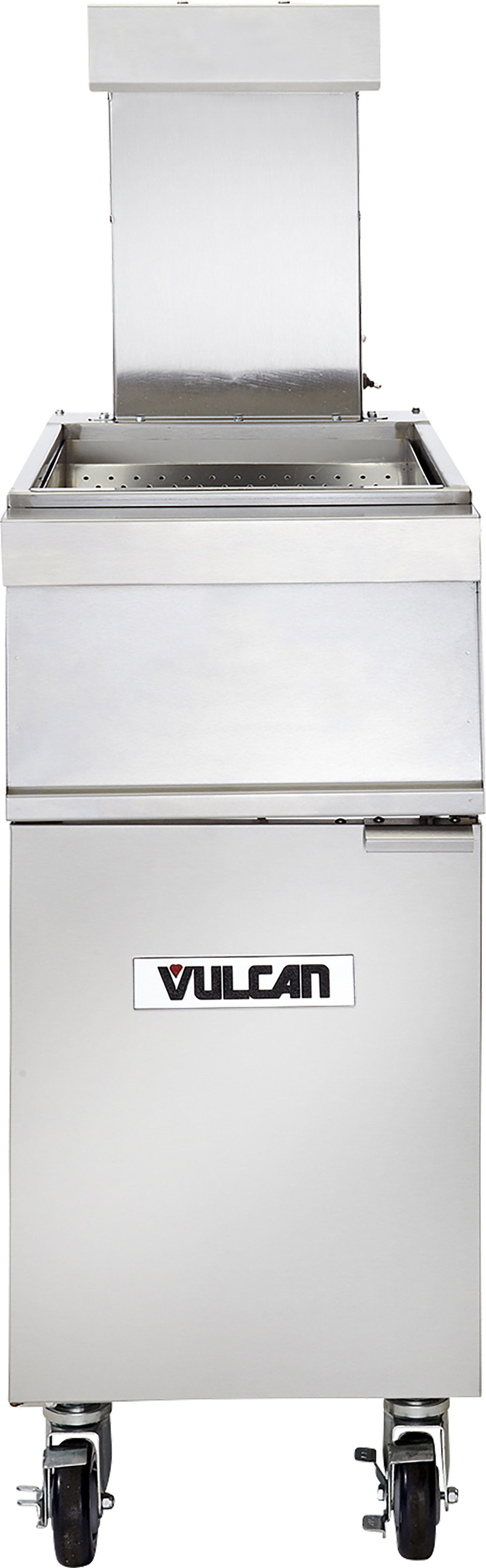 A sleek, industrial stainless steel fry station by Vulcan, featuring a rectangular oil basin, removable lid, and four caster wheels for easy mobility—ideal as a professional fryer add-on unit for any busy commercial kitchen.