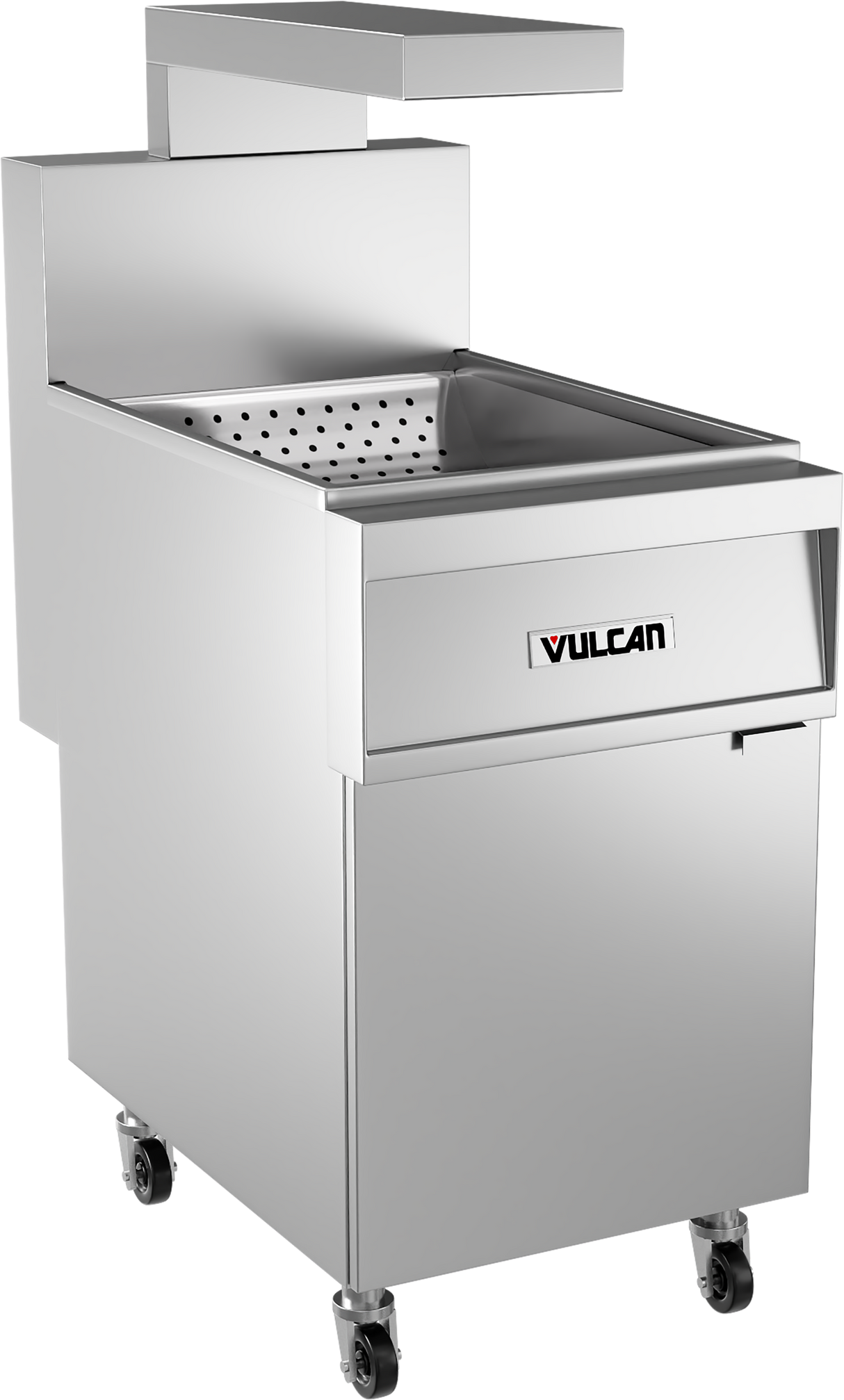 A stainless steel commercial deep fryer on wheels, labeled “Vulcan,” with a perforated fry basket inside and a large overhead hood. The fryer features a front panel, lower stainless steel cabinet, and modern, industrial design.