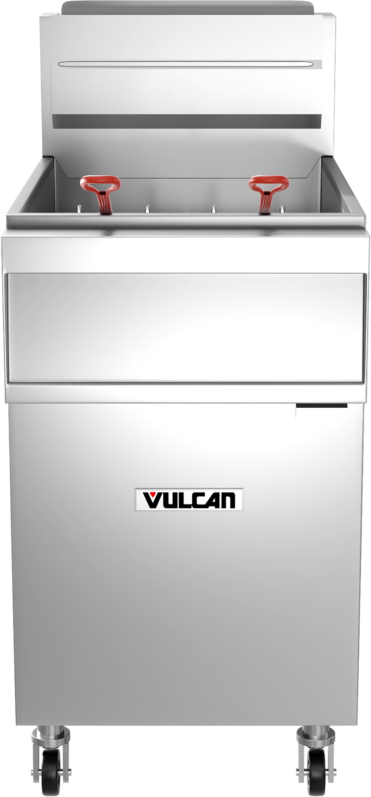 A high capacity commercial fryer on wheels with two red-handled baskets inside. The front features a Vulcan logo, and the lid is open, revealing the sleek, industrial gas fryer compartment—perfect for a professional kitchen.