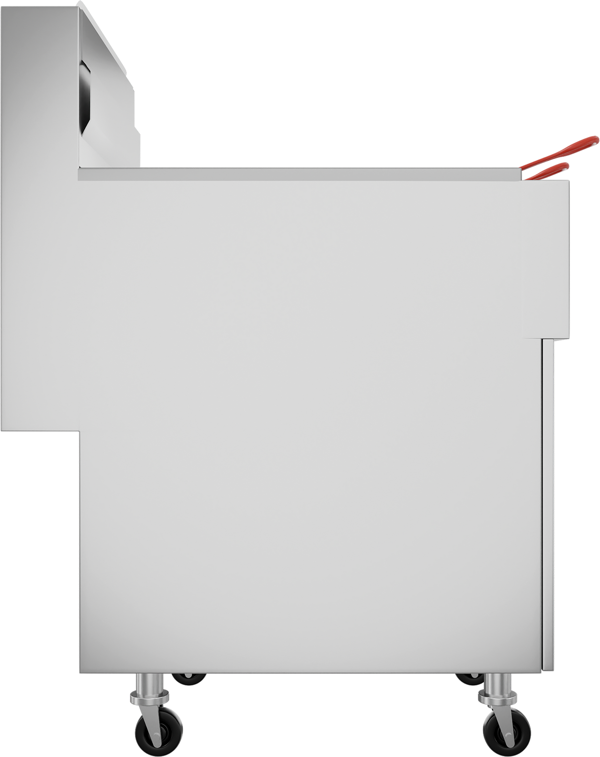 Side view of a modern, silver metal cart with caster wheels—perfect for moving equipment like a gas fryer with a stainless steel fry tank. The cart features clean lines, a rectangular shape, and a handle with two red grips at the top right.