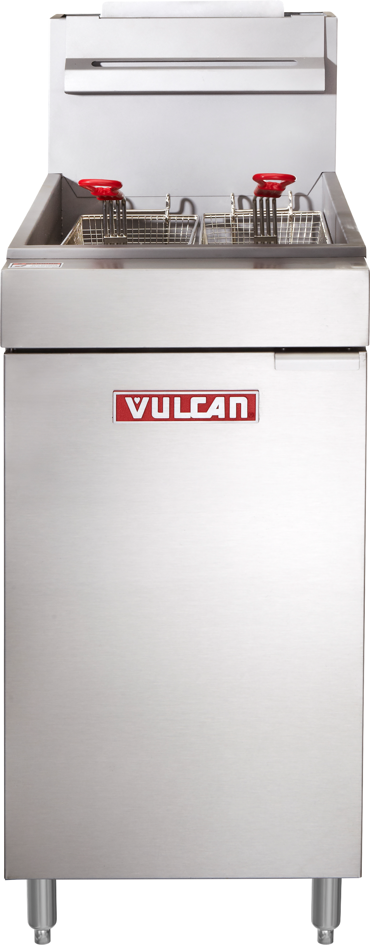 A commercial stainless steel gas fryer with 35-40 lb capacity features two fryer baskets with red handles, four sturdy legs, and a backsplash. The bold “Vulcan” brand name stands out on the front panel above the sleek control area.