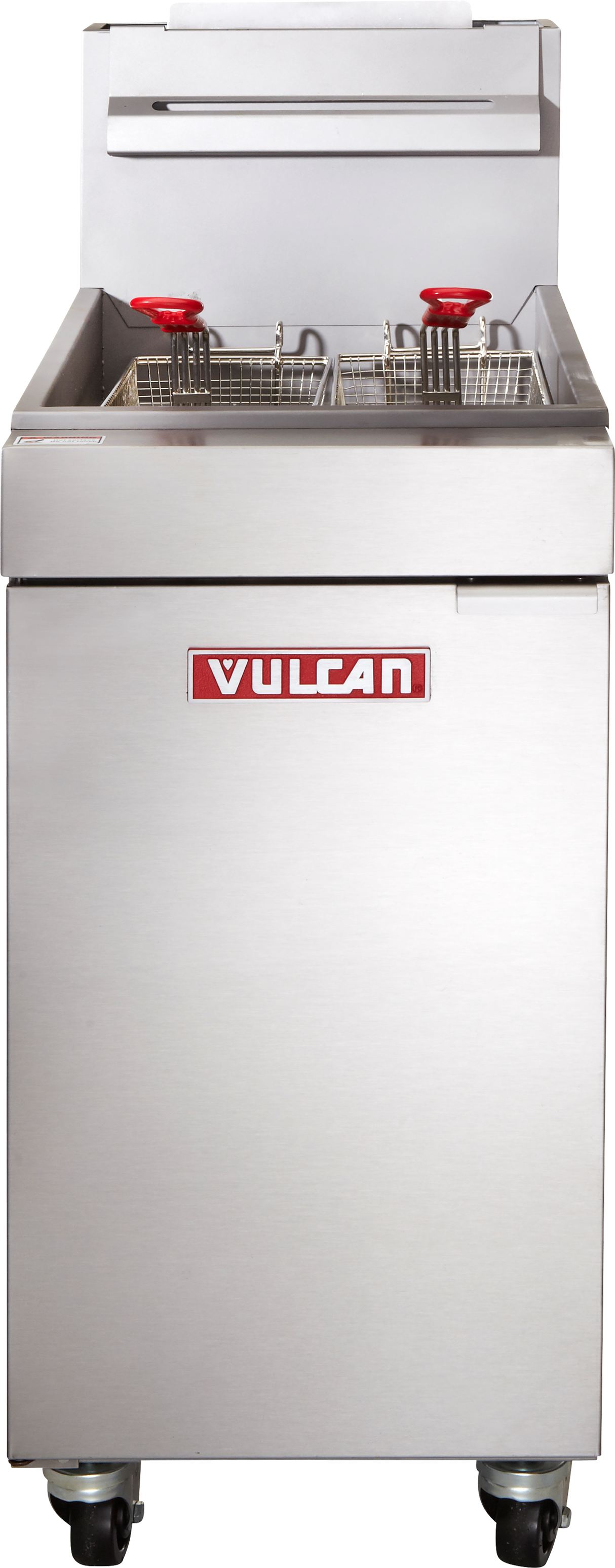 A commercial stainless steel gas fryer with 35-40 lb capacity, featuring two fryer baskets with red handles in the open basin; wheels are attached at the base, and a red Vulcan logo is displayed on the front.