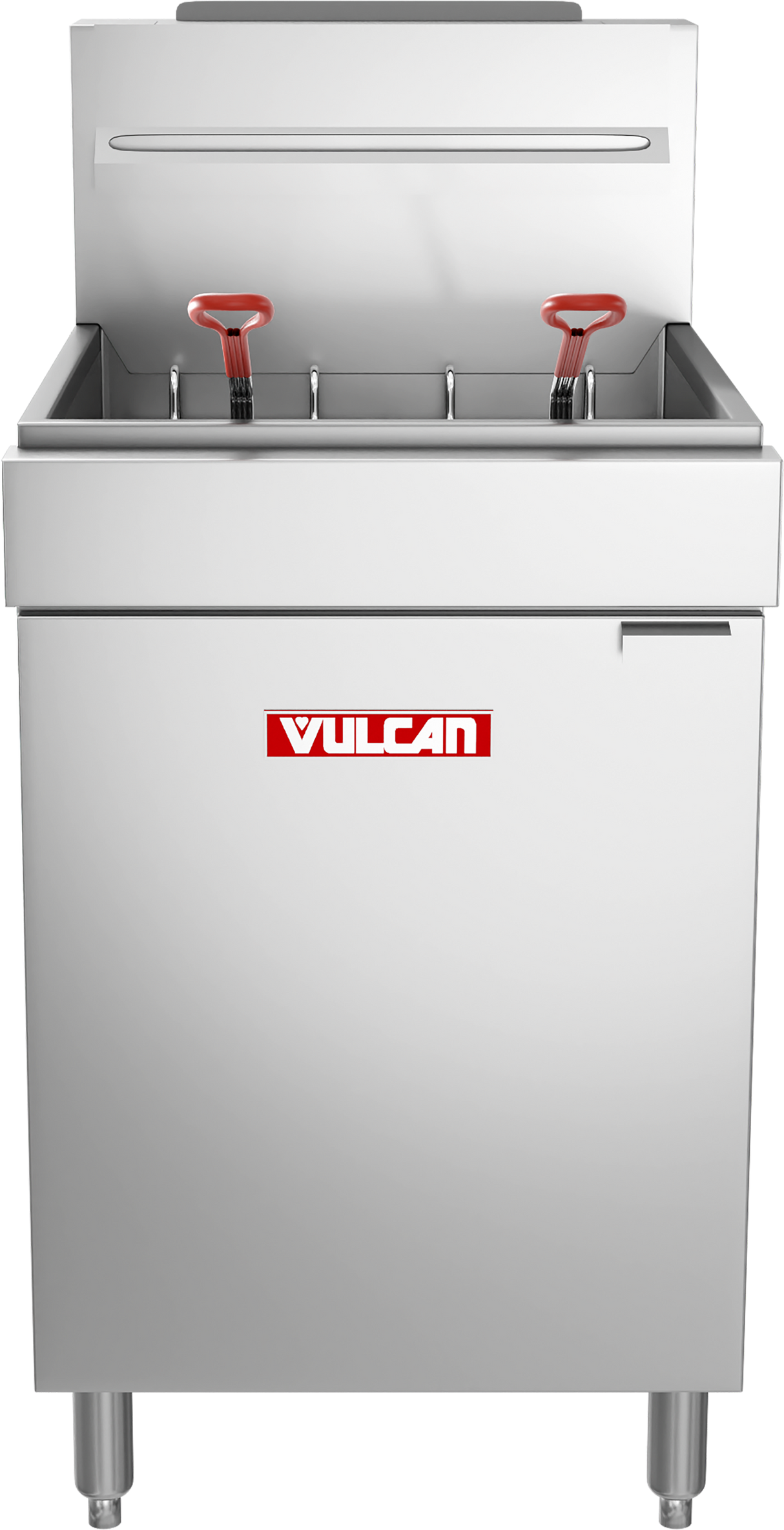 A commercial stainless steel gas fryer with a 65-70 lb capacity, featuring the Vulcan brand in red and white on the front, two red-handled baskets inside, a partially closed lid, and standing sturdily on four legs.