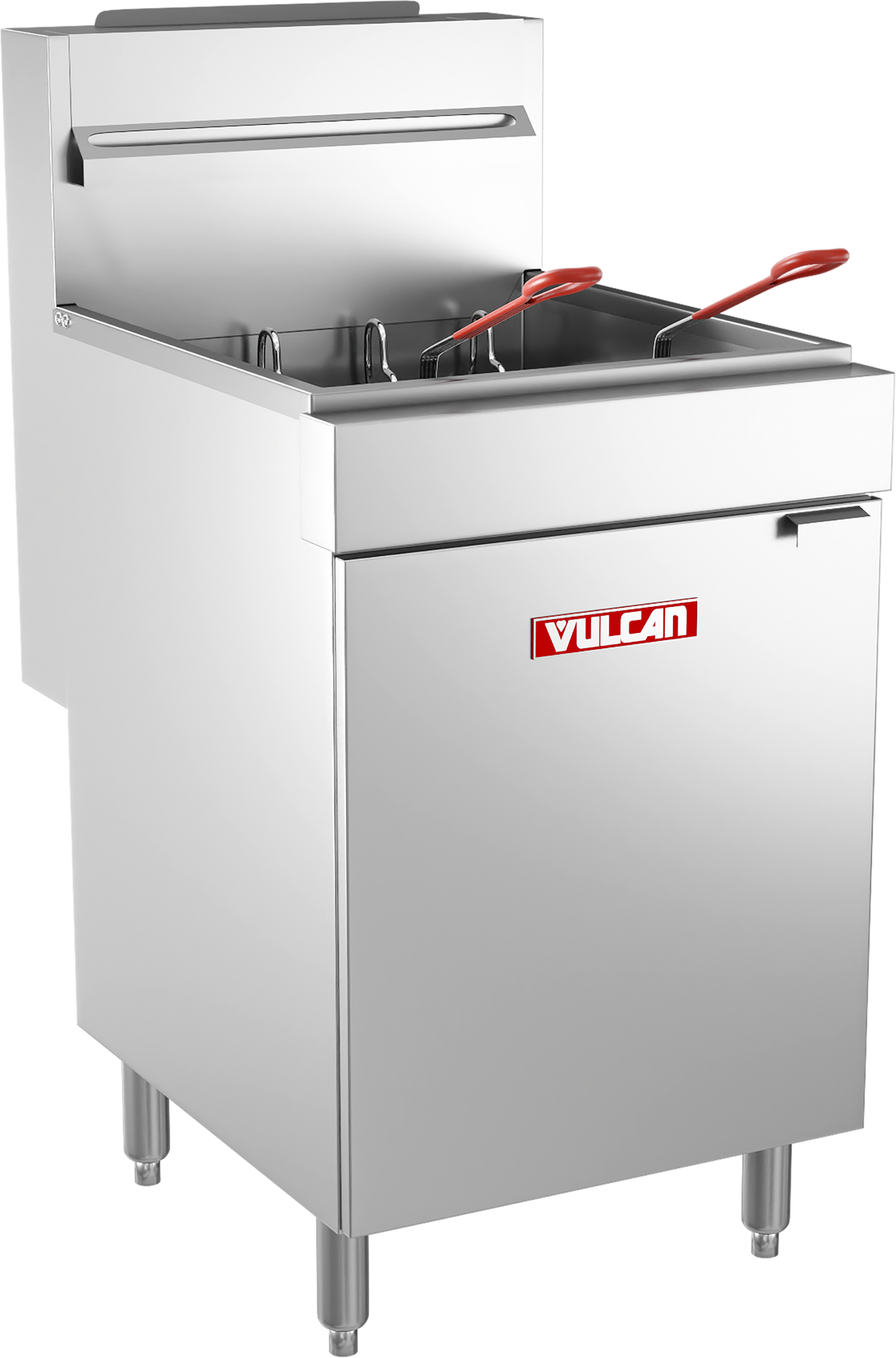 A commercial Vulcan LG500 stainless steel gas fryer with 65-70 lb capacity, featuring two fryer baskets with red handles, a front door, and the Vulcan logo in red and white. The rectangular unit stands on four sturdy metal legs.
