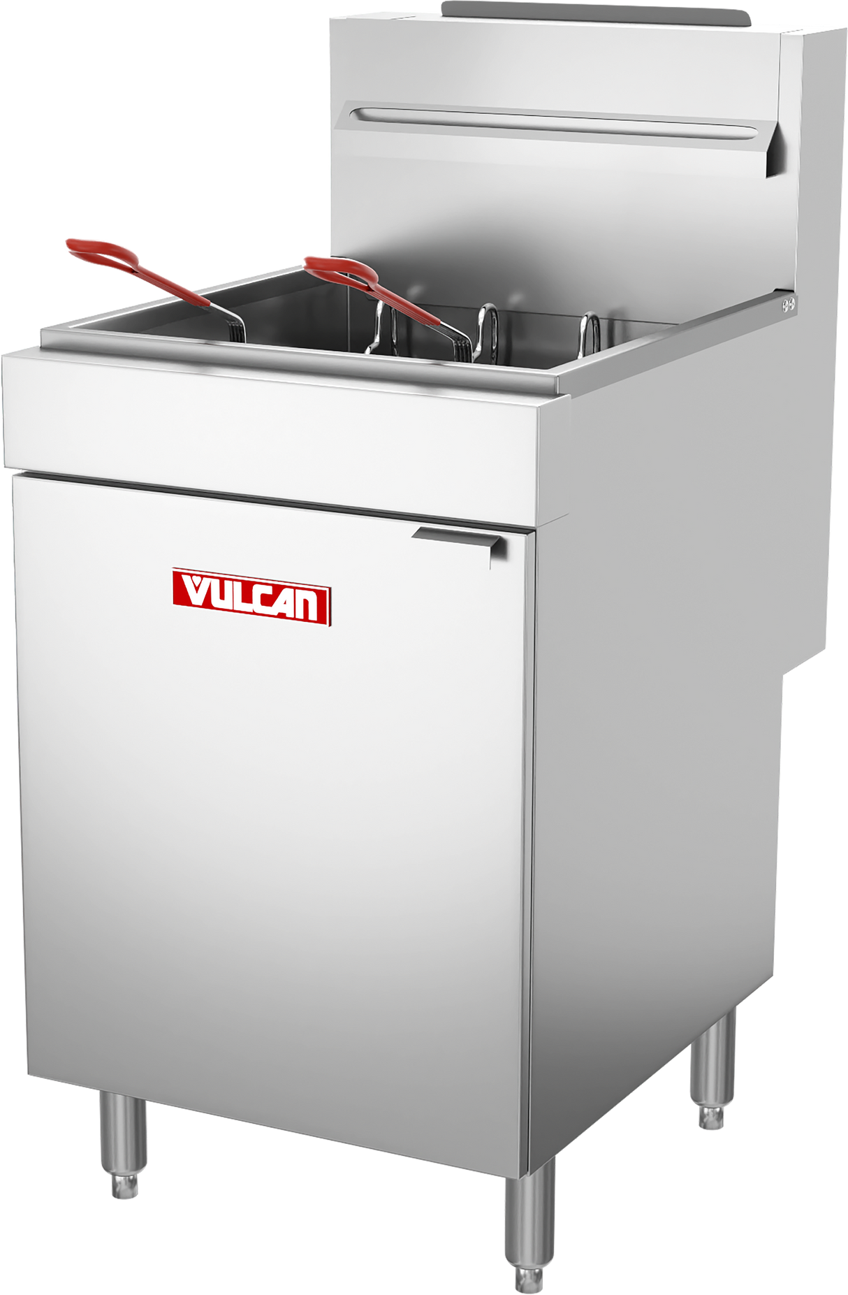 A stainless steel Vulcan gas fryer with 65-70 lb capacity, featuring two fryer baskets with red handles. The rectangular fryer has sturdy legs, a control panel at the back, and a storage compartment below—all set against a plain white background.
