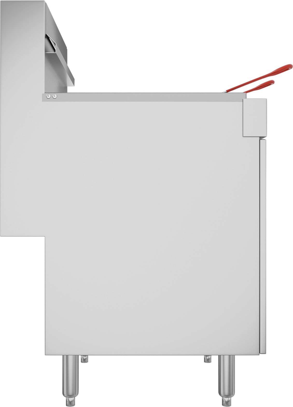 A side view of a commercial gas fryer with a stainless steel body, 65-70 lb capacity, four legs, and two fryer baskets with red handles. The plain white background highlights its clean, modern design and industrial appeal.