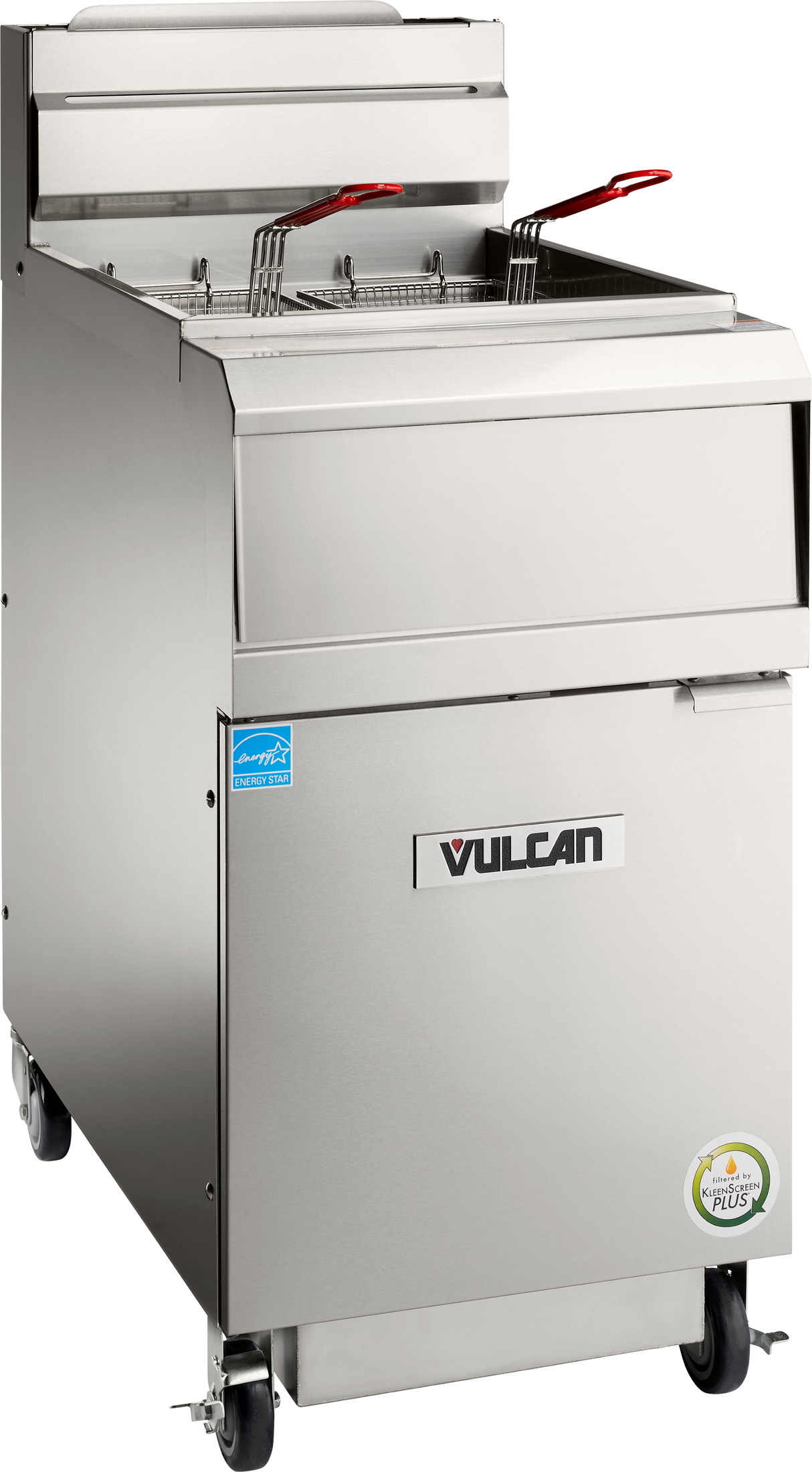 A commercial stainless steel QuickFry fryer on wheels with two metal baskets with red handles resting inside. The front has “Vulcan” branding, certification stickers, a lower cabinet, and a smooth, shiny exterior. This is a high efficiency gas fryer.