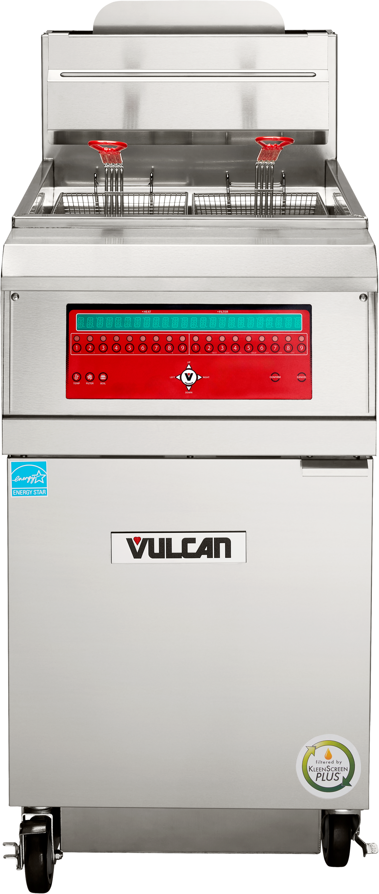 A commercial high efficiency gas fryer by Vulcan with a digital red control panel, two wire baskets with red handles, bottom storage, and wheels. This 75 lb capacity fryer features a blue certification sticker and an energy efficiency label on the lower right.
