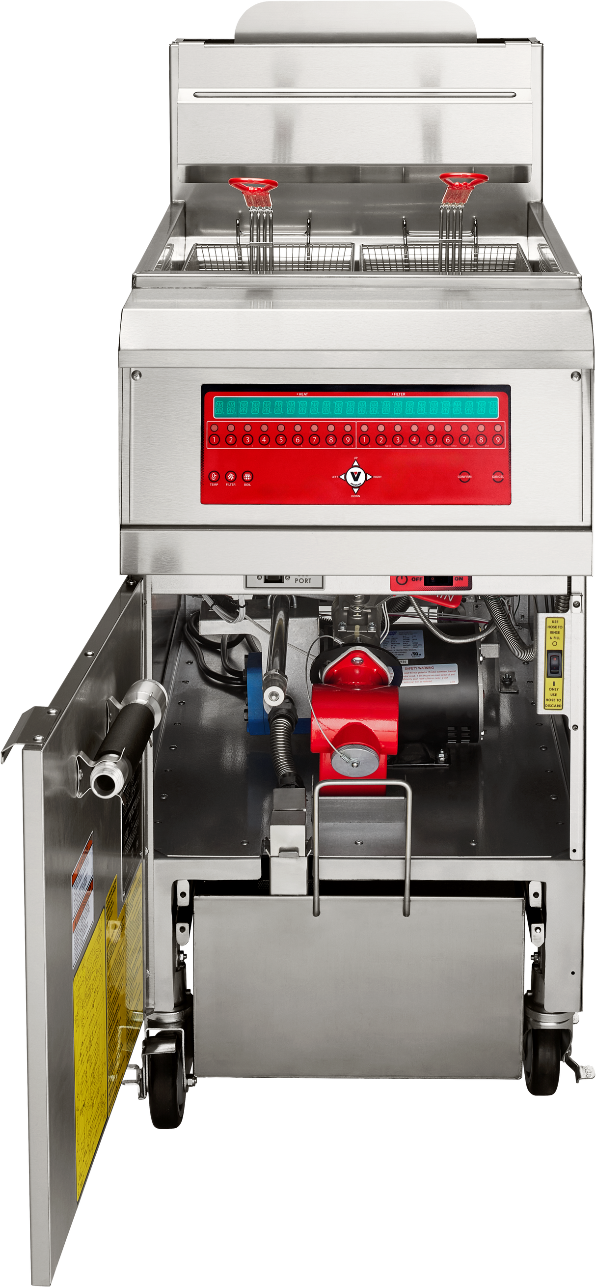 A high efficiency gas fryer with a digital control panel and two fry baskets on top. The open cabinet reveals pipes, a red valve, and wiring inside. This 75 lb capacity fryer is made of stainless steel and features wheels for easy mobility.