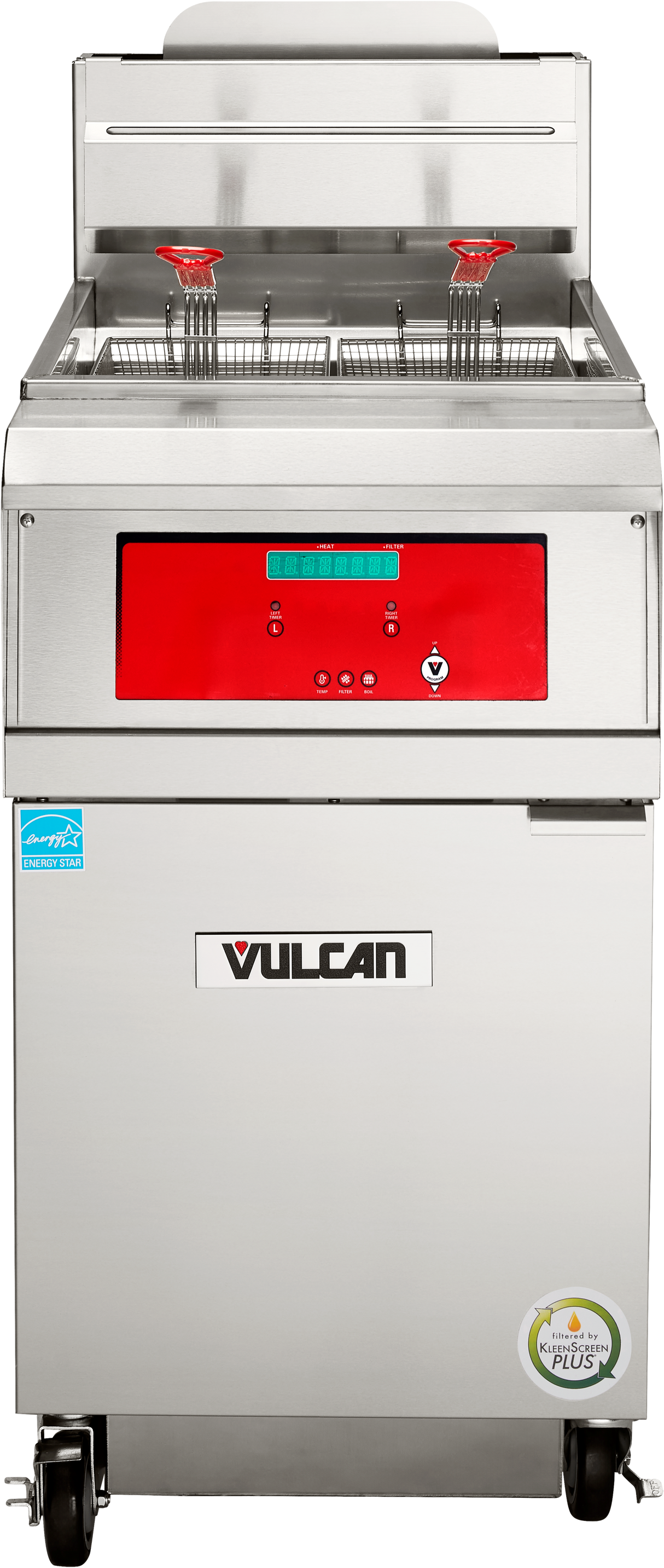 A commercial stainless steel Vulcan QuickFry Fryer with a red control panel, two fryer baskets with red handles, and lower storage compartment. This high efficiency gas fryer features digital controls, indicator lights, 75 lbs. capacity, and wheels for mobility.