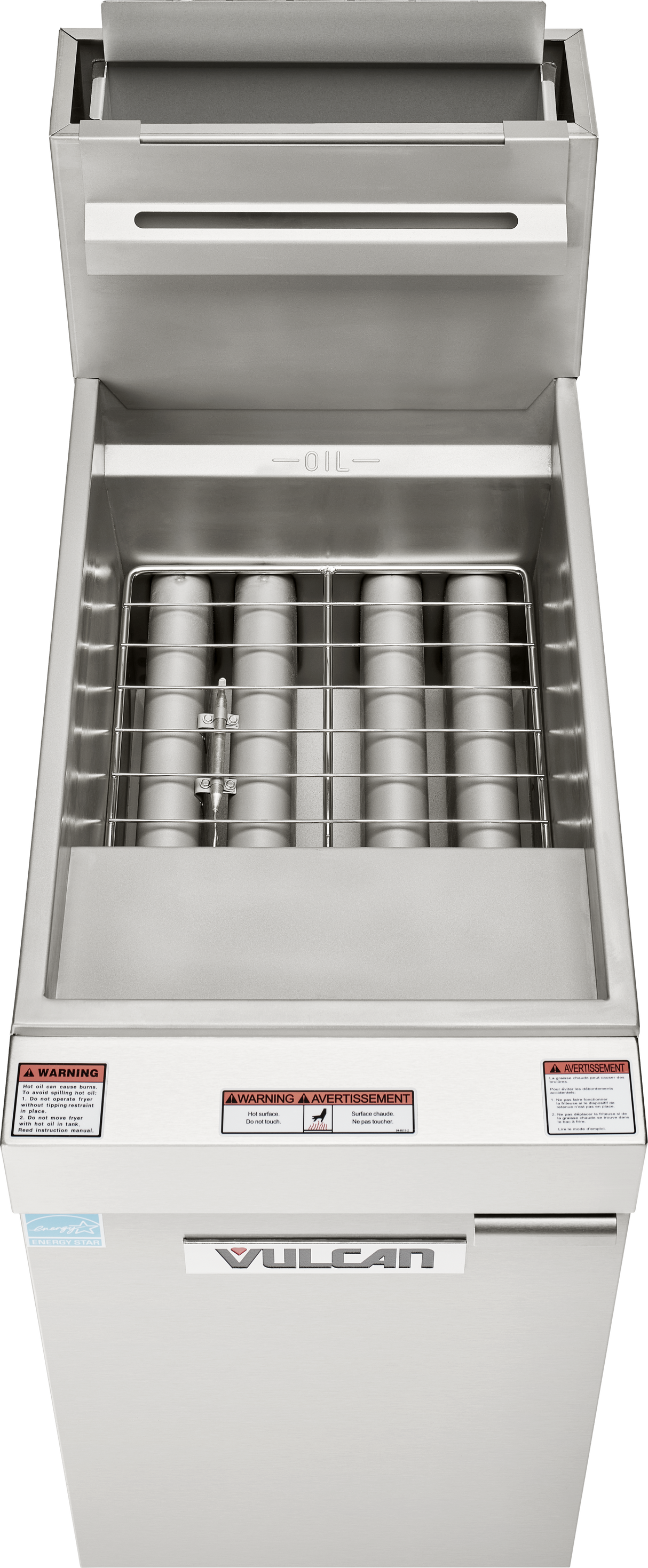 A stainless steel Vulcan fryer floor model with an open lid, revealing a metal rack and multiple cylindrical heating elements inside. The natural gas fryer has warning labels on the front panel and proudly displays the Vulcan brand name.