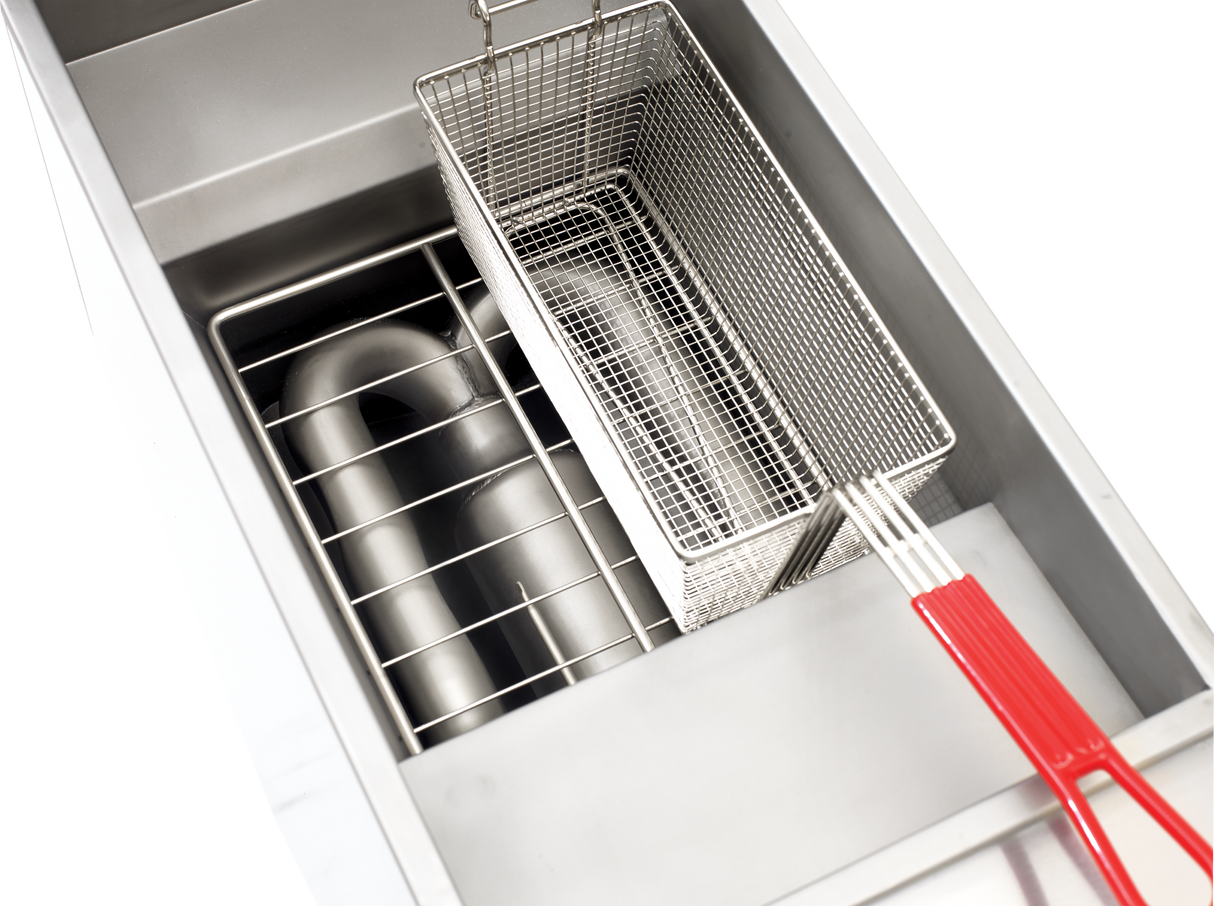 A close-up view of a clean, empty PowerFry5 Fryer shows a stainless steel deep fryer with a metal basket featuring red plastic handles. This high efficiency gas fryer has a 45-50 lbs. capacity and sits against a plain, light gray background.