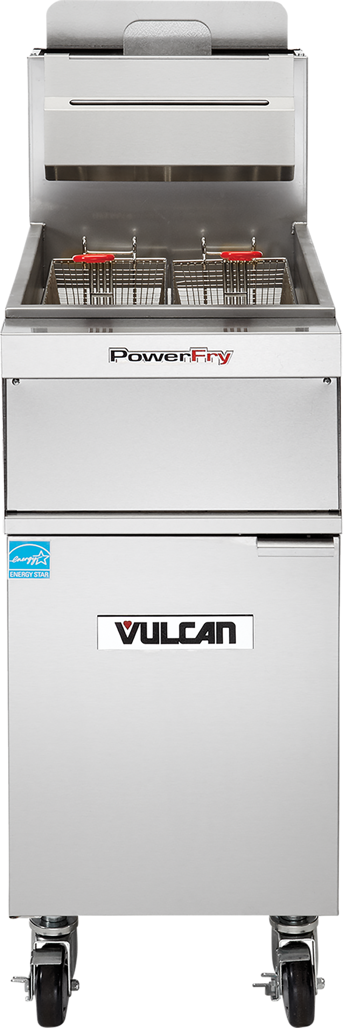 A high efficiency stainless steel fryer, this Vulcan commercial gas fryer features two baskets in the oil basin, a closed lower compartment, control panel on top, and four caster wheels; brand logos and labels are visible on the front.