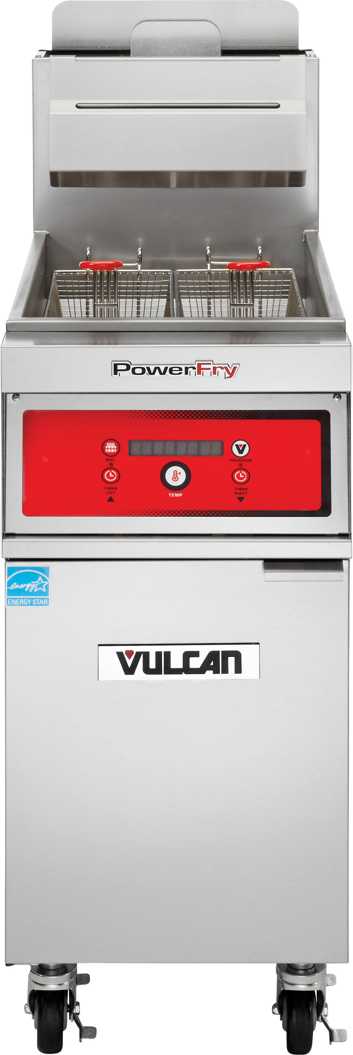 A stainless steel VULCAN PowerFry5 Fryer with a red control panel, digital display, and two metal frying baskets. This high efficiency fryer offers a 45-50 lbs. capacity and is mounted on four wheels for easy mobility.