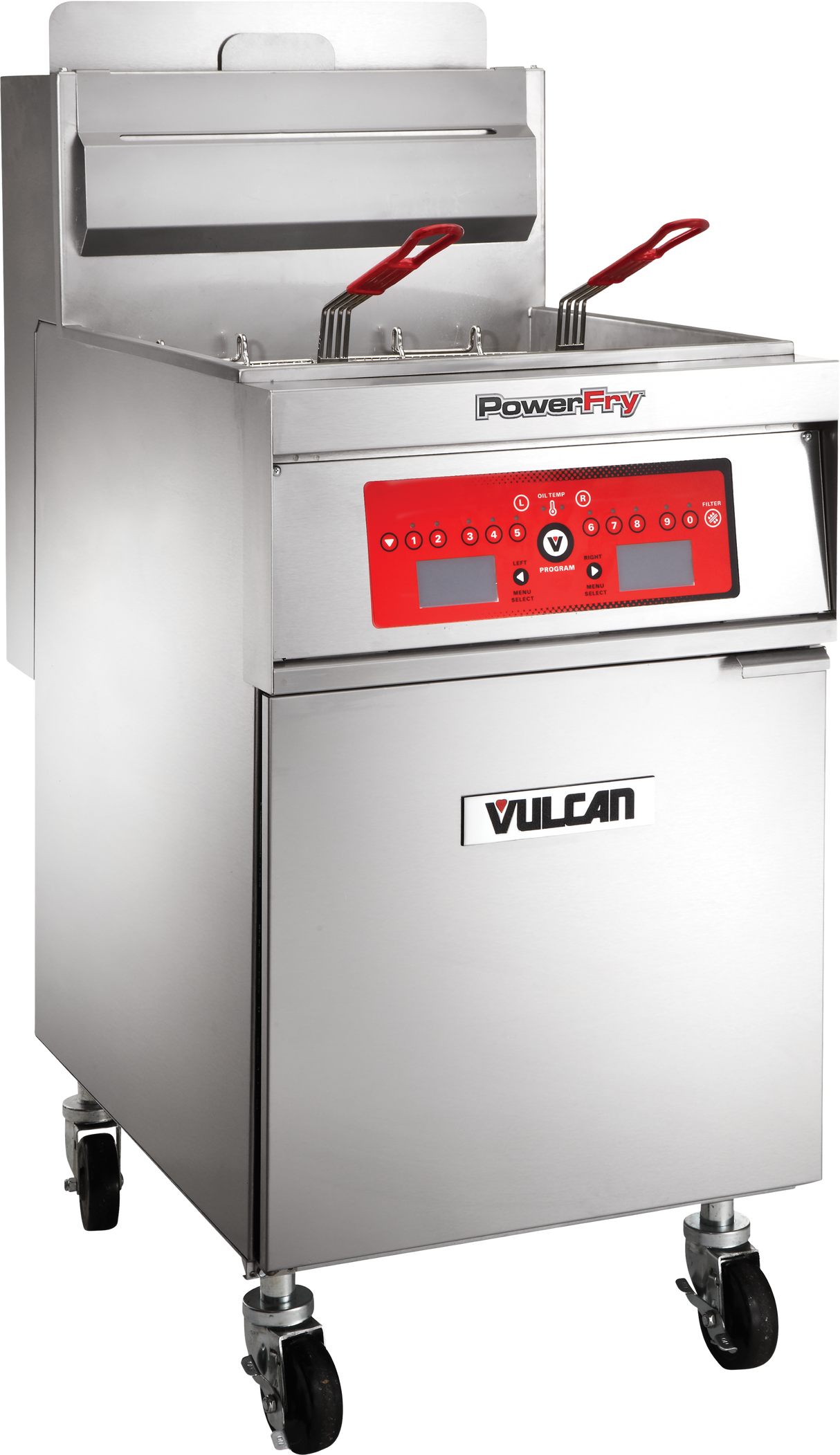 A commercial gas fryer on wheels with a red PowerFry-Vulcan control panel. This high efficiency fryer includes digital buttons, knobs, and programmable fryer settings. Two baskets with red handles rest inside above a lower storage or oil collection cabinet.