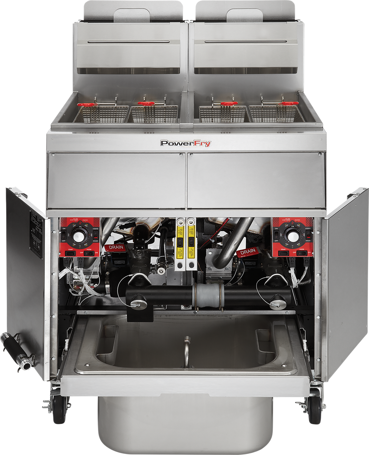 A PowerFry5 fryer with two open compartments and metal fry baskets. Below, cabinet doors reveal internal mechanical components, wiring, and a large grease collection pan. This high efficiency gas fryer is labeled PowerFry on the front panel.