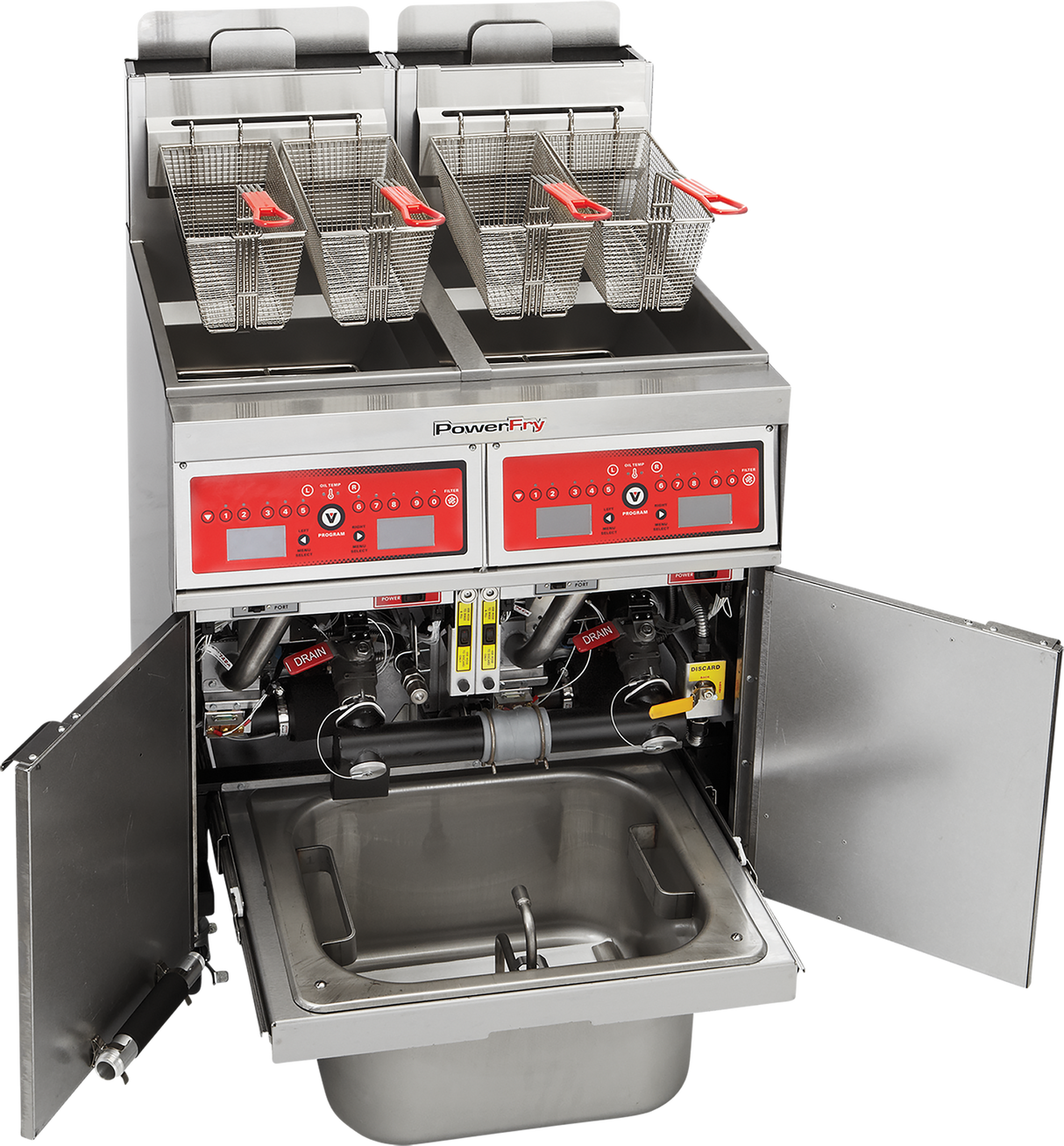 A high efficiency gas fryer with two frying compartments, each holding three metal baskets with red handles. The programmable fryer features control panels with red displays and buttons. Lower front doors open to reveal internal parts and an oil reservoir tray.