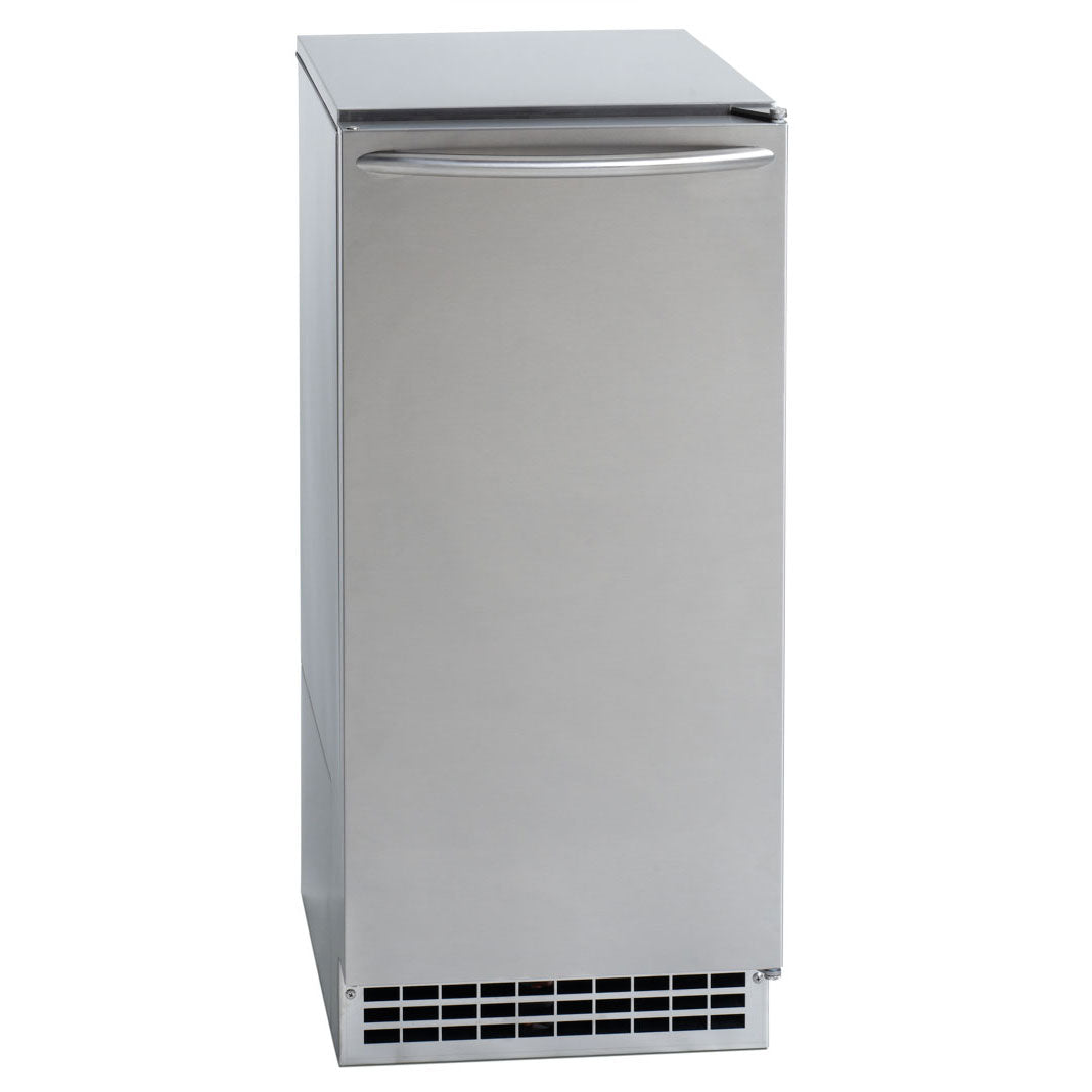 A stainless steel under-counter ice maker with a rectangular shape, front ventilation grill at the bottom, and a curved handle on the door. The design is modern and minimal, making this commercial ice machine suitable for kitchens or bars.