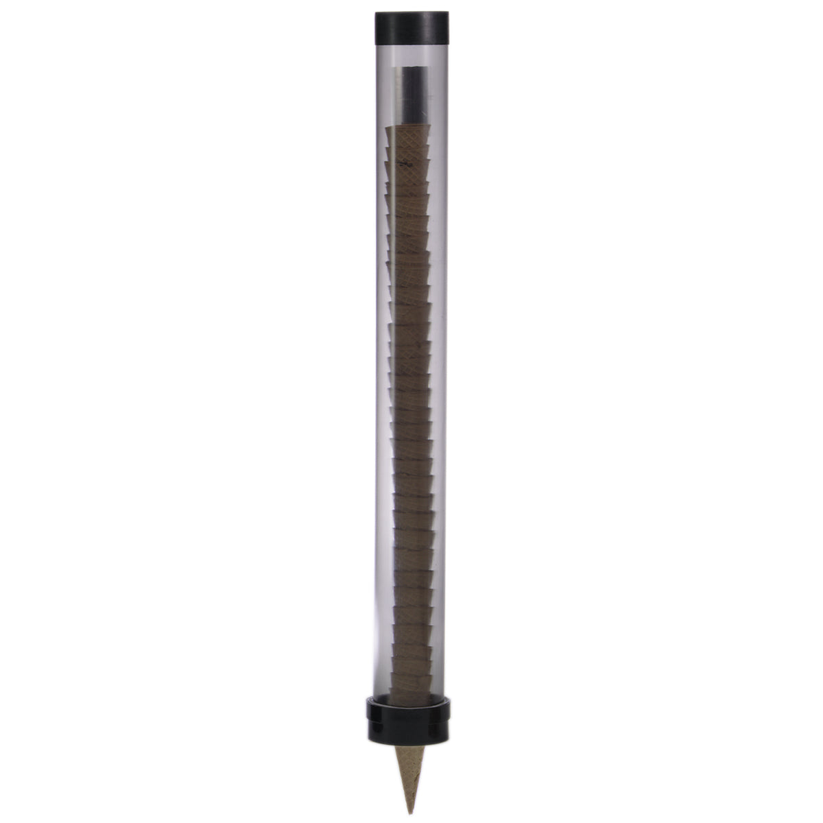 A transparent cylindrical tube with black caps at both ends contains a vertical stack of brown hexagonal pencils, gravity fed through the tube. The bottom cap forms a conical point like a pencil tip. The tube stands upright against a white background.