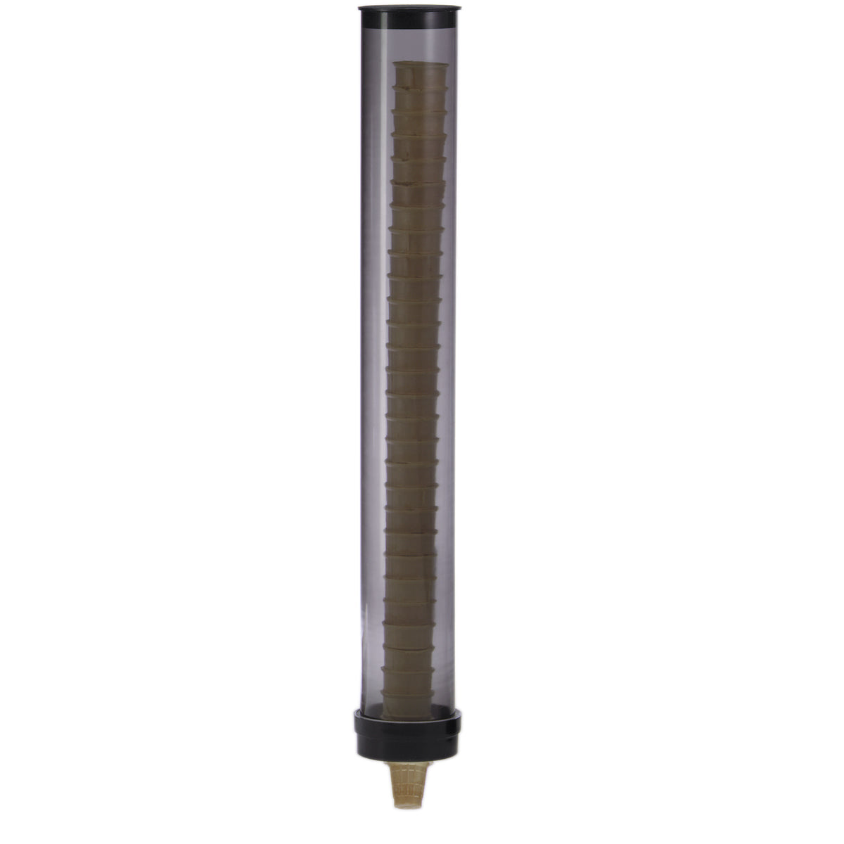 A tall, transparent gravity fed cylindrical container with a black cap and base. Inside, a vertical brown spiral runs the length of the GFCD-2 cylinder, narrowing at the bottom into a cone-shaped tip—perfect as an ice cream cone dispenser.