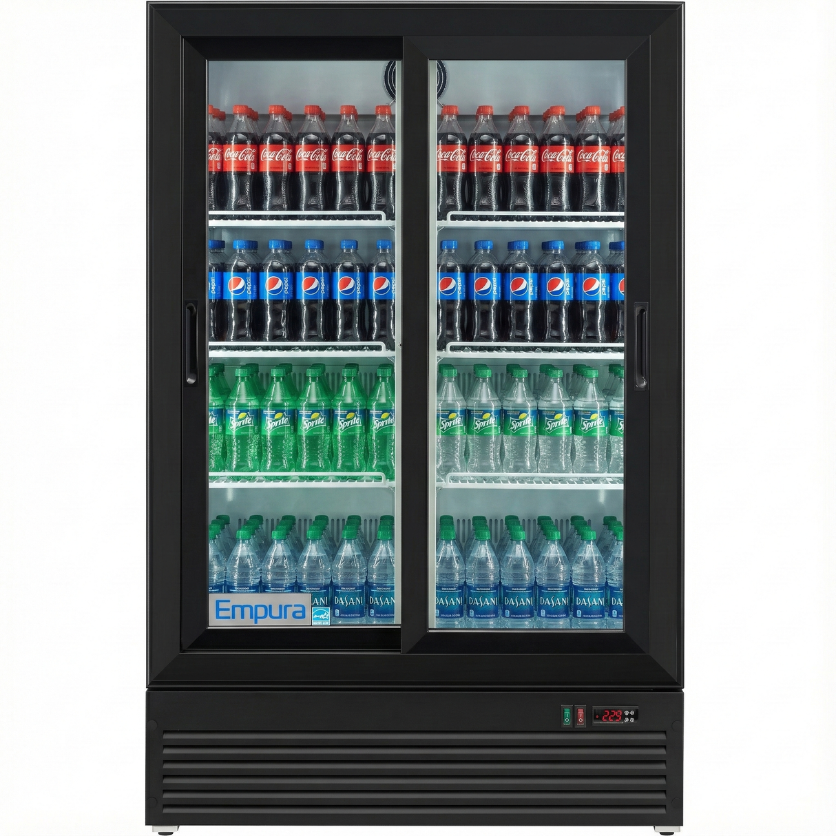 A sleek Glass Door Refrigerator filled with bottled drinks: Coca-Cola on top, Diet Coke and Sprite in the middle, and Aquafina and Dasani waters below. This black Empura Refrigerator Merchandiser is perfect for showcasing refreshments.