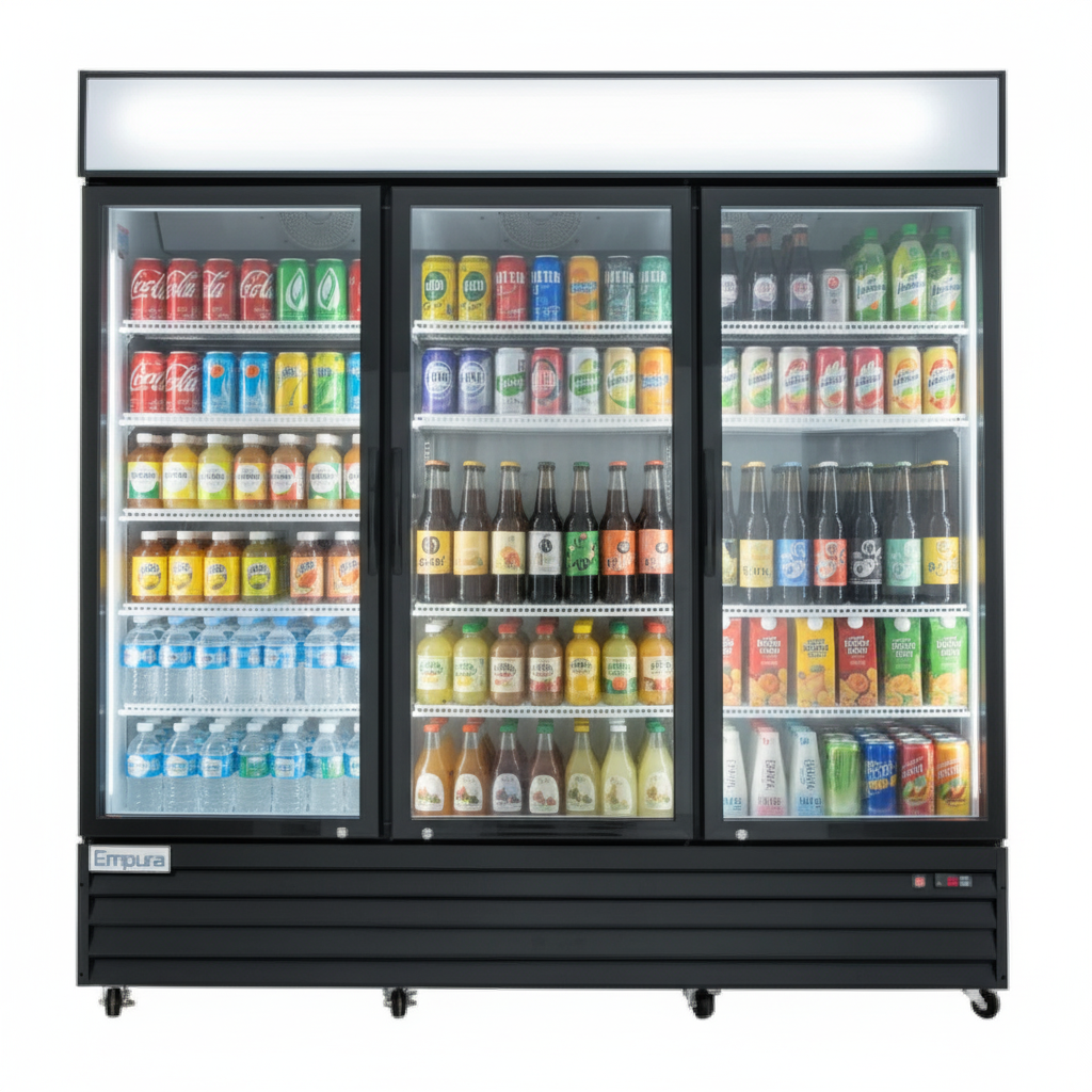 A commercial display refrigerator with three sliding glass doors stands on wheels, showcasing neatly arranged cans and bottles of beverages in temperature-controlled storage against a white background.
