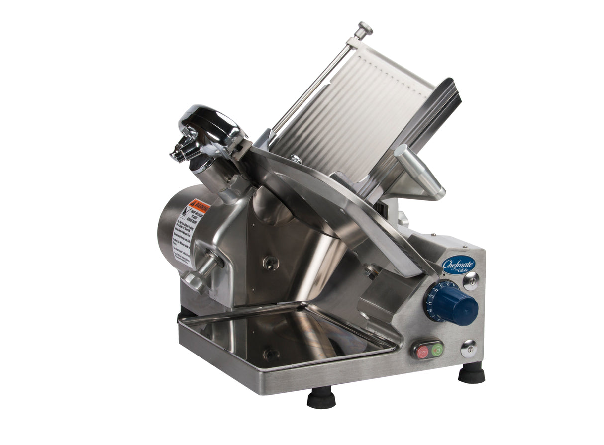 A commercial-grade Globe GC512 stainless steel meat slicer with a tilted blade, adjustable thickness knob, safety guard, and power buttons. The compact slicer sits on four rubber feet and features a blue brand label on the right side.
