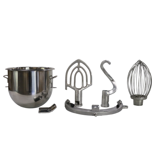 Five metal stand mixer attachments compatible with the SP30 mixer are shown: a 20 qt. stainless steel bowl, a flat beater, a dough hook, a whisk, and a bowl guard. All items are arranged in a row on a white background.