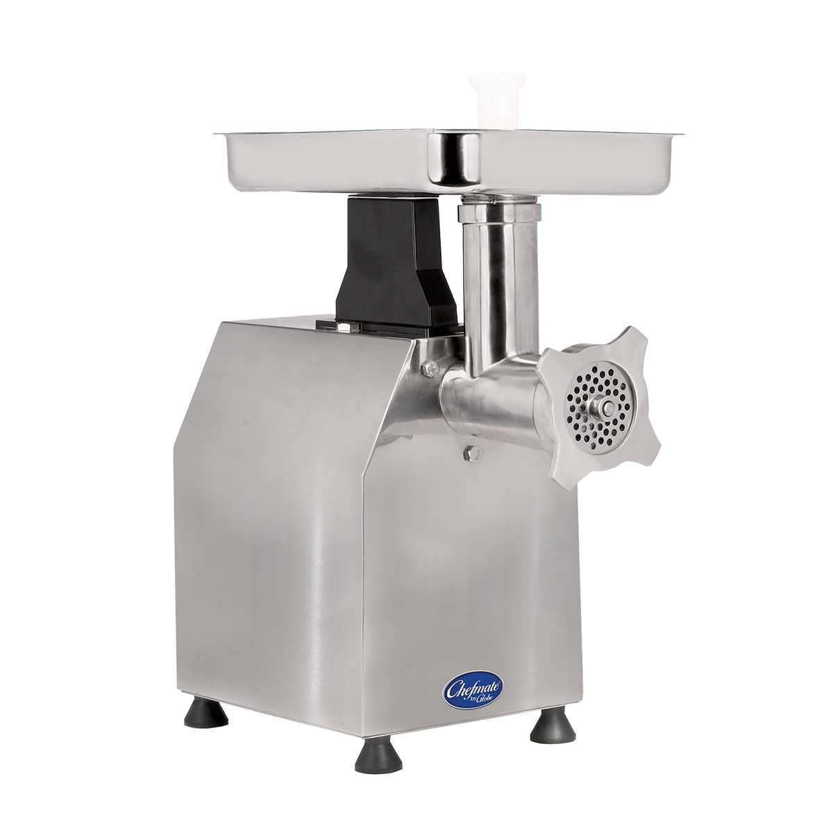 A stainless steel Chefmate electric meat chopper with a #12 head size features a square tray, feed tube, and perforated plate. It stands on four rubber feet and sports a blue oval logo on the lower front panel.