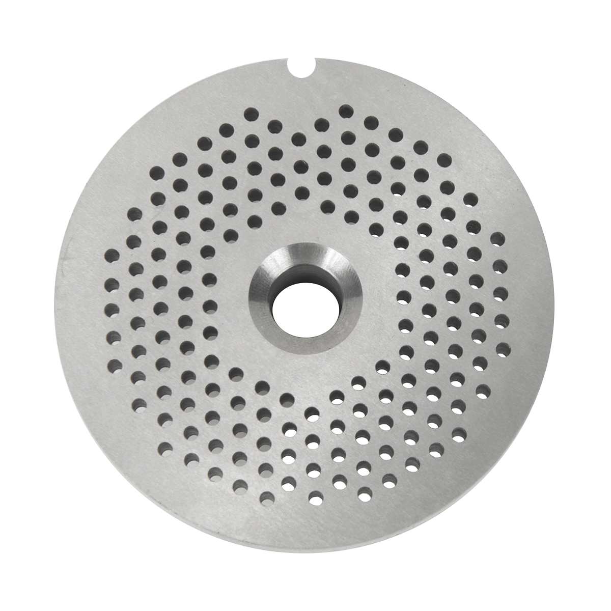 A round, flat Chopper Plate with a large central hole and many smaller holes in concentric circles, compatible with the CC12 meat chopper. The smooth, slightly reflective metal surface features a small notch at the edge.