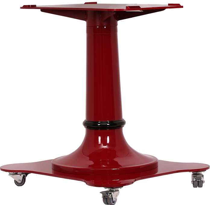 A sturdy red metal mobile pedestal base with a flared, cylindrical central column and a wide, four-pointed foundation. Four small caster wheels at each end provide easy mobility. The tabletop is not attached. Ideal as an artisanal slicer stand.