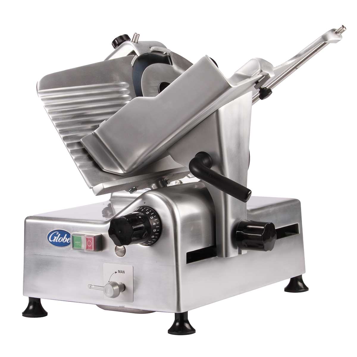 A commercial-grade food slicer made of stainless steel with a 12 inch knife, thickness adjustment dial, food tray, and push handle. The base has a Globe logo, green and red power buttons, four black feet, and is angled for use.