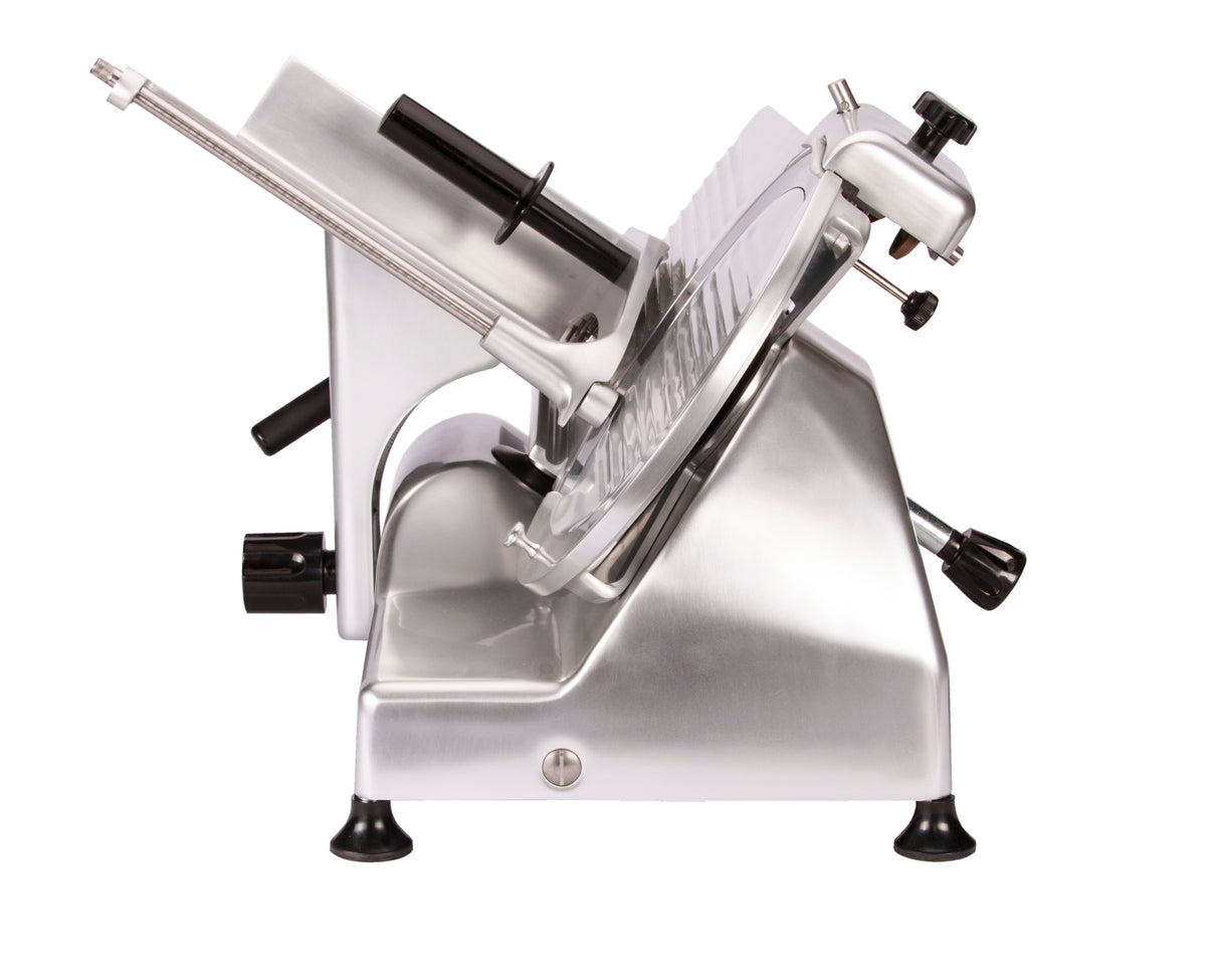 The Globe G12 is a stainless steel food slicer with a large 12" manual slicer blade, adjustable thickness knob, food carriage, and black handles. Its angled design and rubber feet make it ideal for kitchens or delis to slice meats and cheeses.