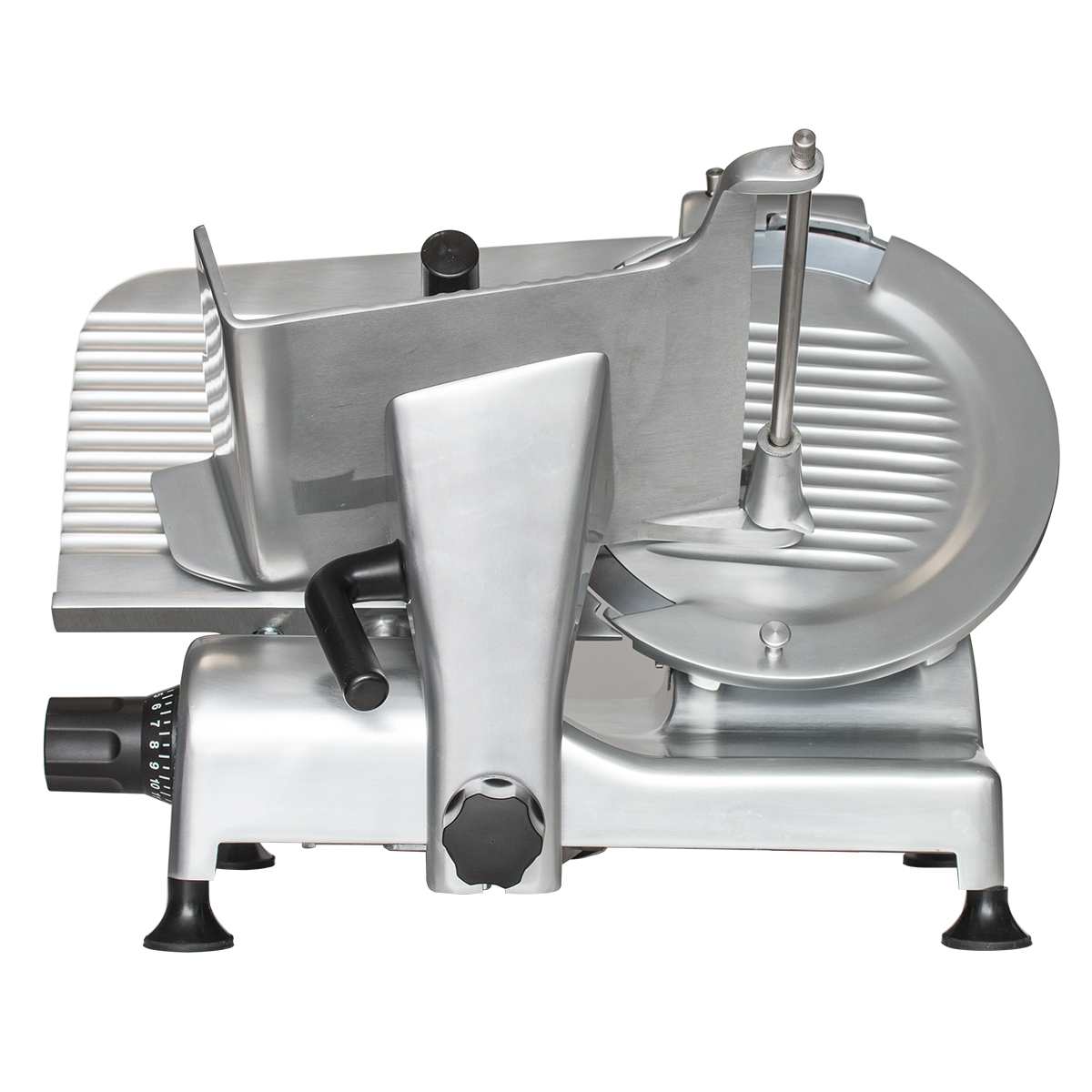This Globe G12 12" manual food slicer features a large circular blade, sliding tray, and handle. Its metallic build with black knobs and rubber feet is ideal for slicing meat or cheese in delis or restaurants, boasting angular, polished parts.
