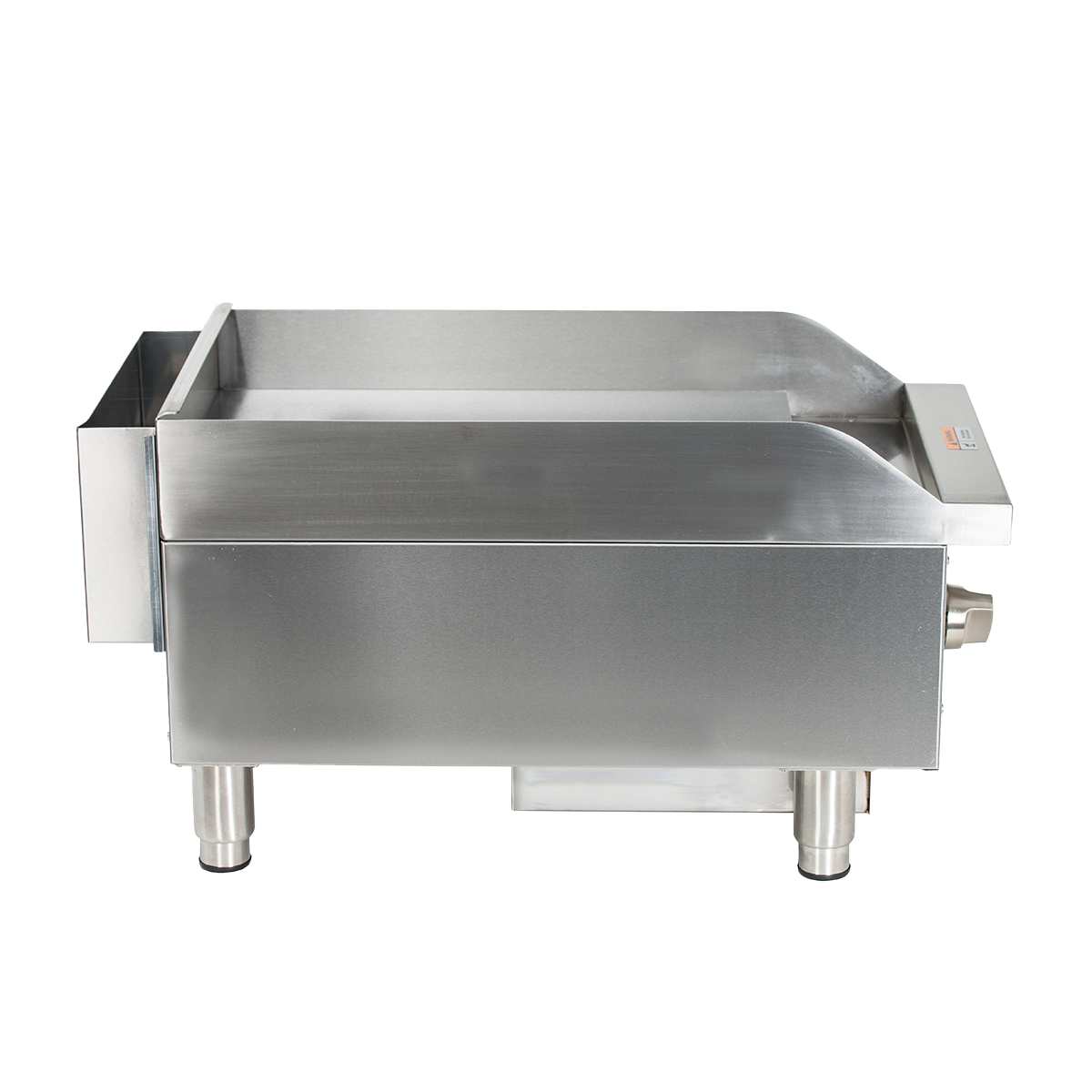 A heavy duty stainless steel commercial countertop griddle with tall side and back splashes, a control knob on the right, and four sturdy short legs. The flat cooking surface features a simple, industrial design perfect for any kitchen.