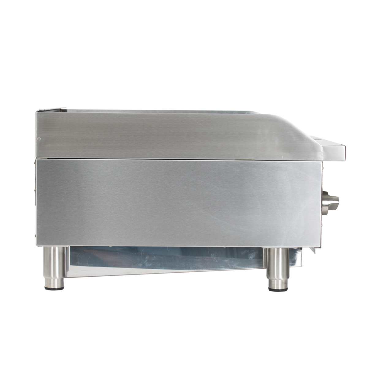 Side view of a stainless steel countertop charbroiler with four short cylindrical legs, a flat top, and a control knob on the right side. The sleek, boxy gas charbroiler design reflects light against the clean white background.