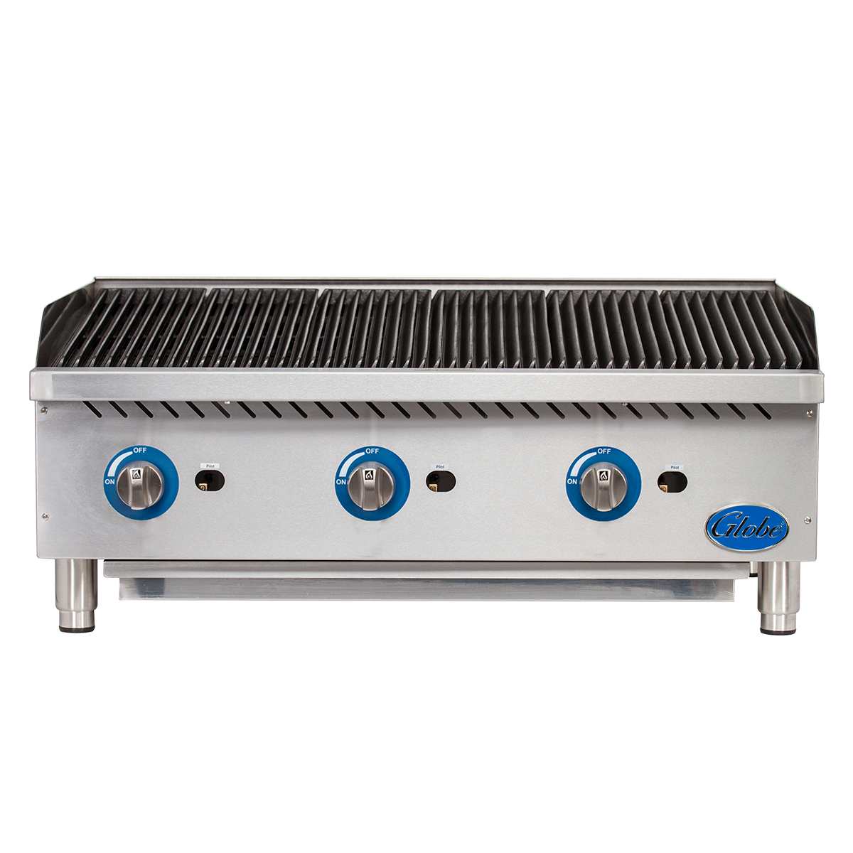 A stainless steel commercial gas countertop charbroiler with three blue control knobs, a ridged cooking surface for grilling, and four sturdy legs. The Globe brand appears on the front right corner. The grill is clean and ready for use.