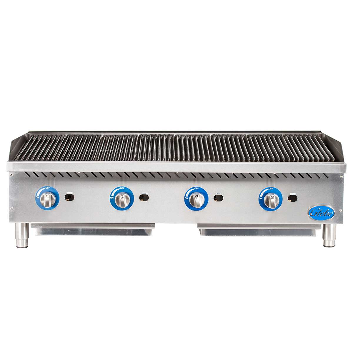 This commercial stainless steel gas charbroiler features four blue control knobs, heavy duty cast-iron grates with angled design, adjustable legs, and a visible brand logo on the lower right front—perfect as a reliable countertop charbroiler for your kitchen.