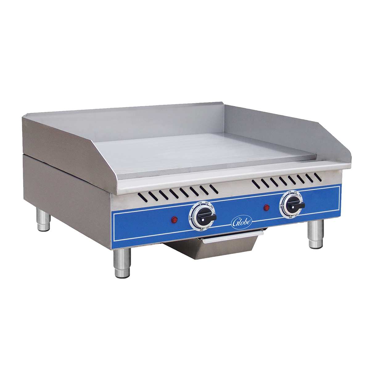 The Globe GEG24 is a stainless steel electric countertop griddle with a blue control panel, two temperature control knobs, indicator lights, raised side and back splashes, four short legs, and a front grease tray underneath.