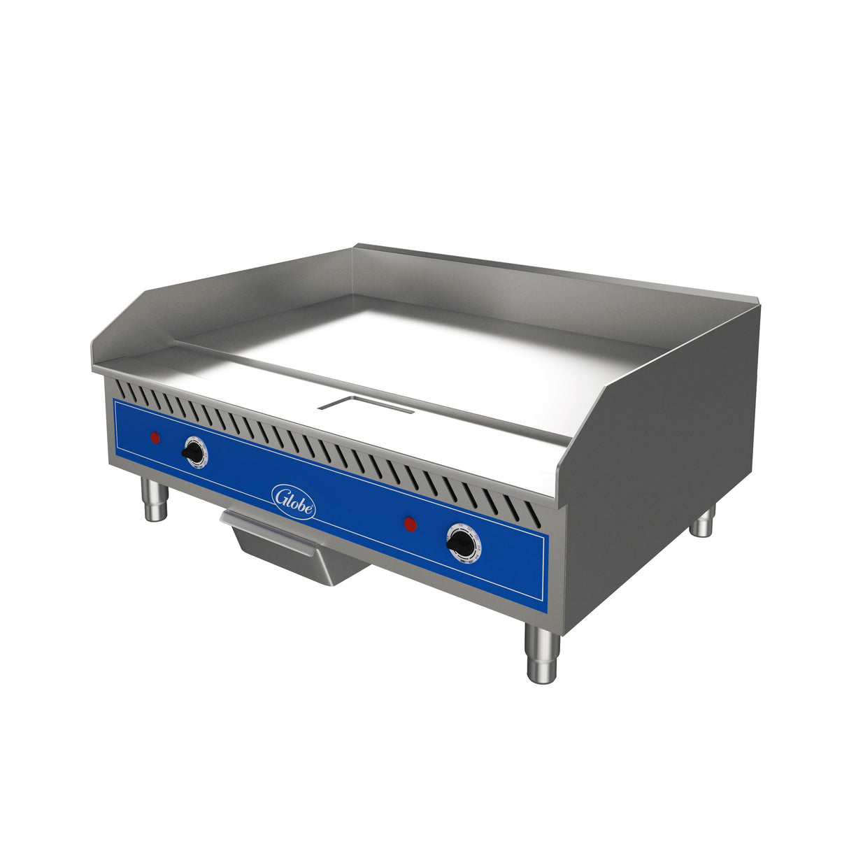 A stainless steel electric countertop griddle with a blue front panel, two control knobs, red indicator lights, raised sides, a flat cooking surface, and a grease tray underneath, set against a white background.