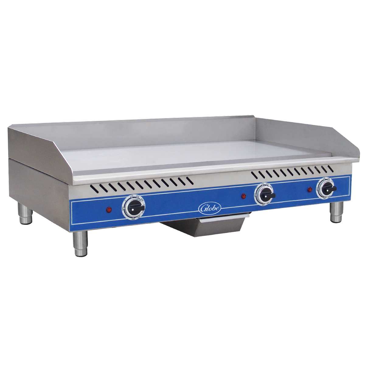 This electric countertop griddle features a stainless steel flat top, three control knobs, a blue front panel, side and back splashes, short legs, indicator lights, and a central grease tray for easy cleanup.