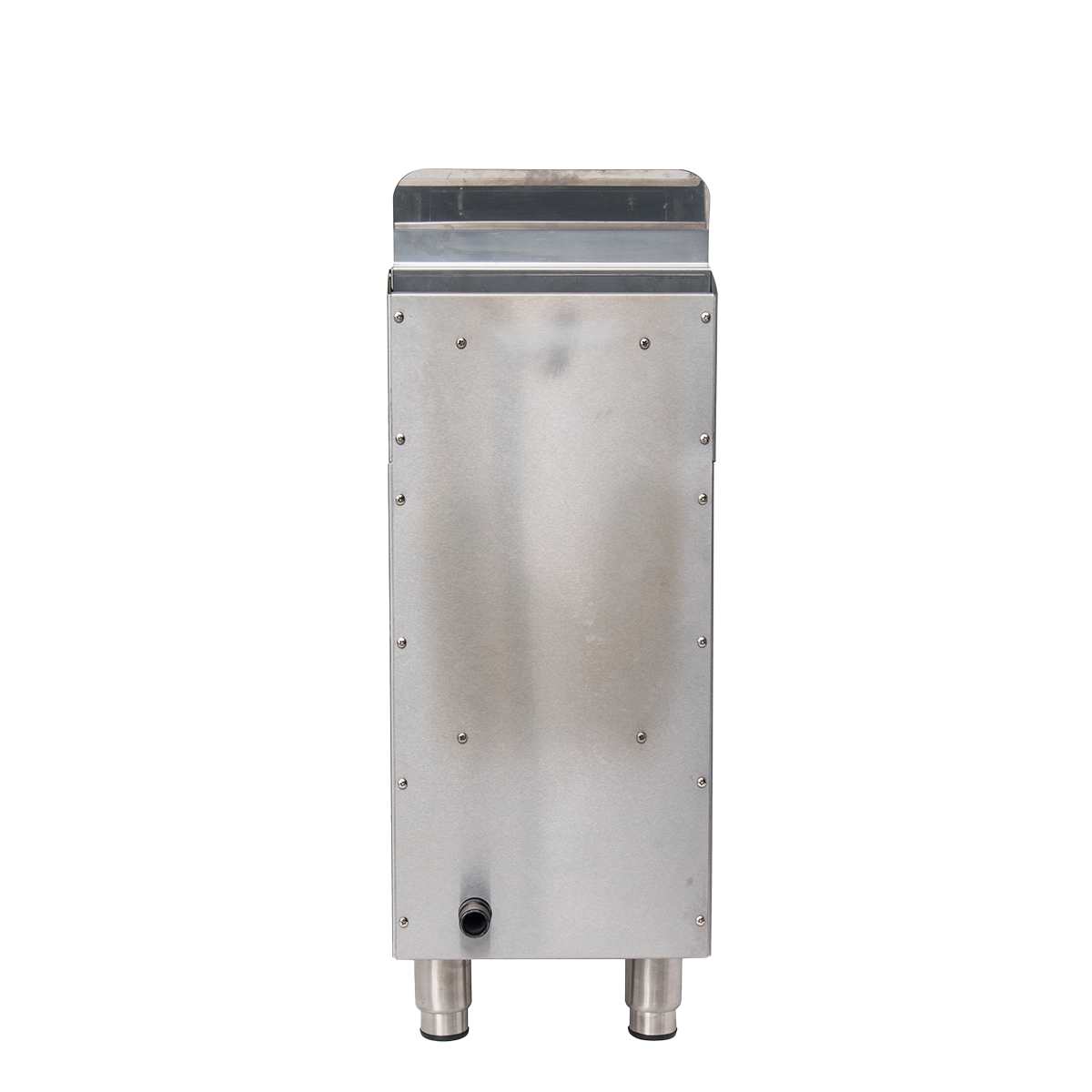 A rectangular stainless steel countertop gas fryer with a flat top, visible screws along the edges, two short cylindrical legs, and a small black nozzle at the bottom front, photographed against a white background.