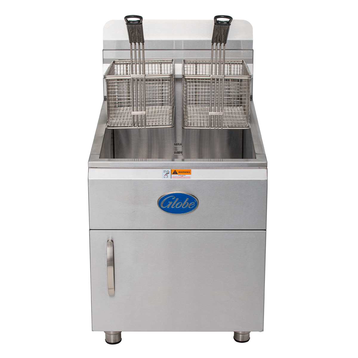 A commercial deep fryer with a stainless steel finish and two metal baskets, featuring a 30-lbs fat capacity. The unit has a front cabinet door, blue Globe logo on the front panel, and stands on four short legs.